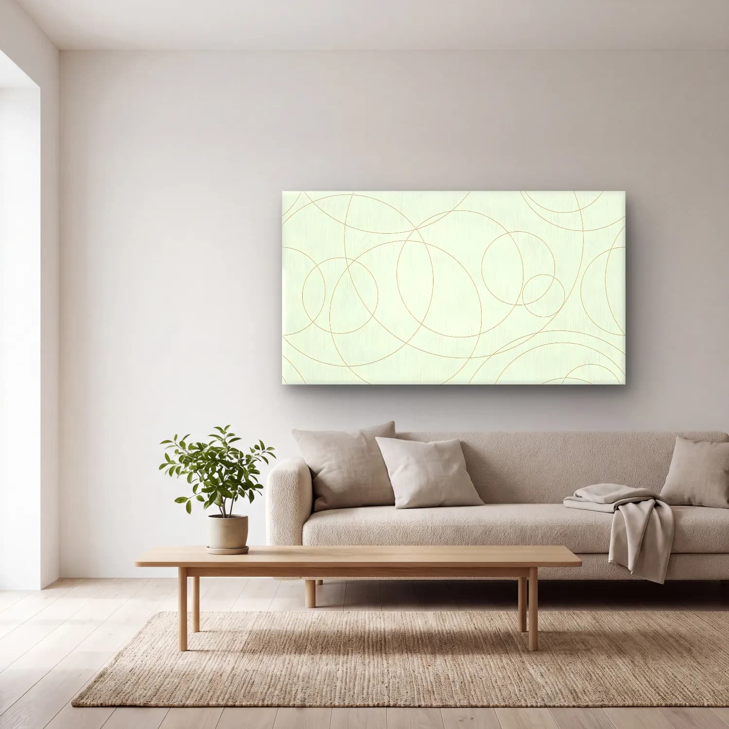 Çizgi Sanatı Geometrik Daireler No. 24 cam tablo — açık renk salonda