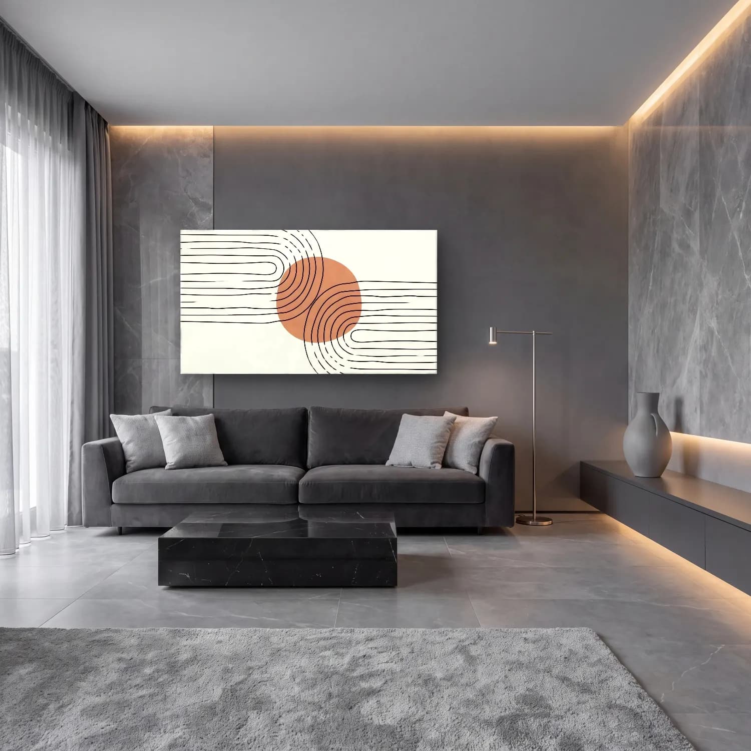 Çizgi Sanatı Geometrik Daireler No. 25 cam tablo — lüks salon duvarında