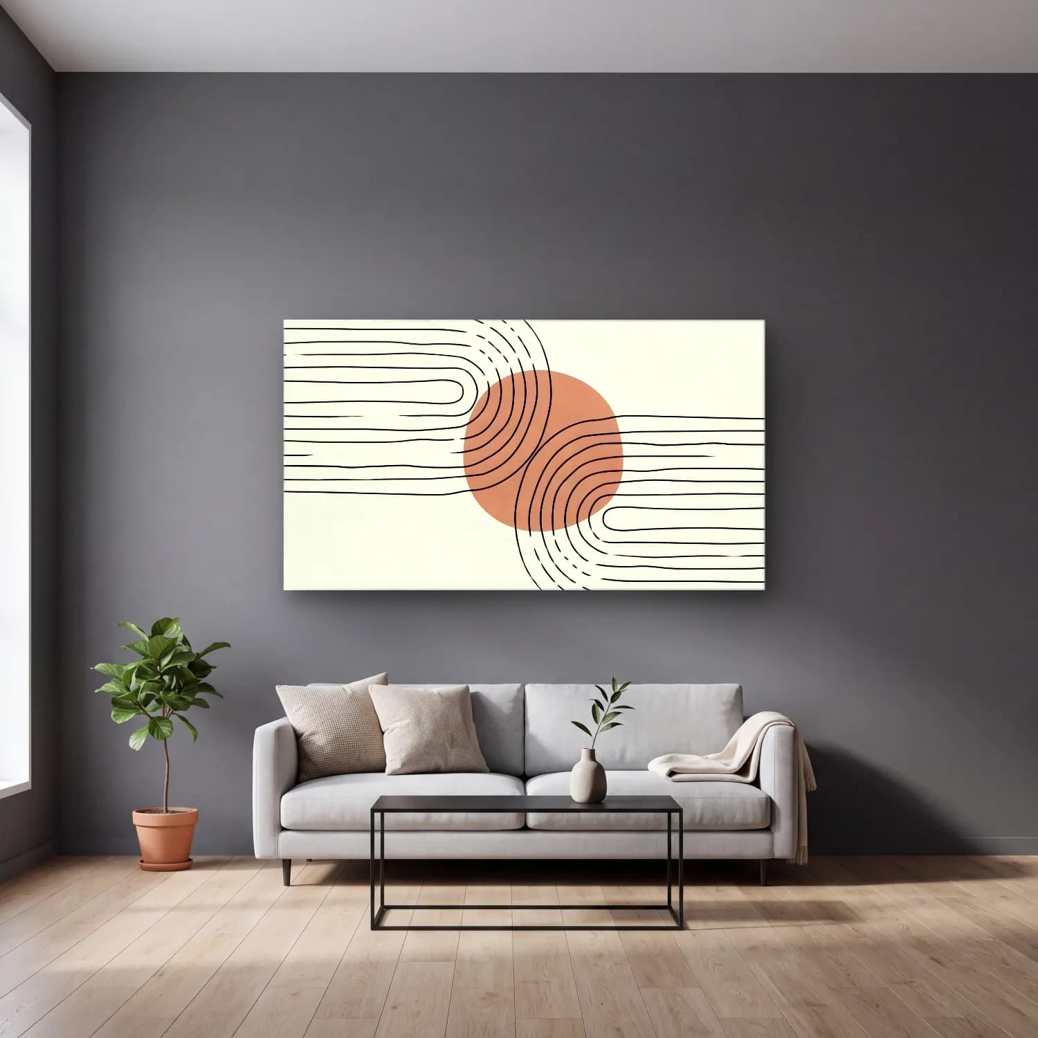 Çizgi Sanatı Geometrik Daireler No. 25 cam tablo — gri duvarlı salonda