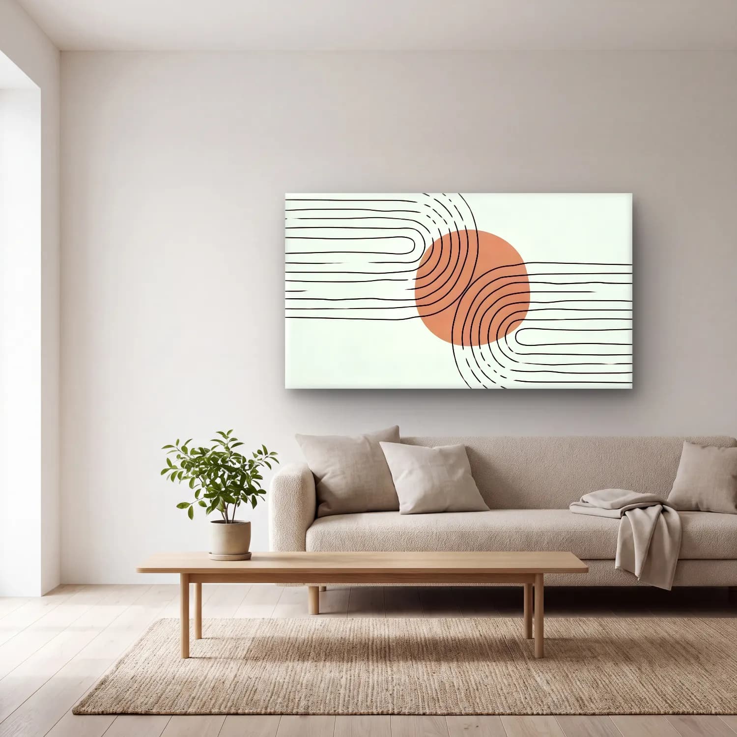Çizgi Sanatı Geometrik Daireler No. 25 cam tablo — açık renk salonda