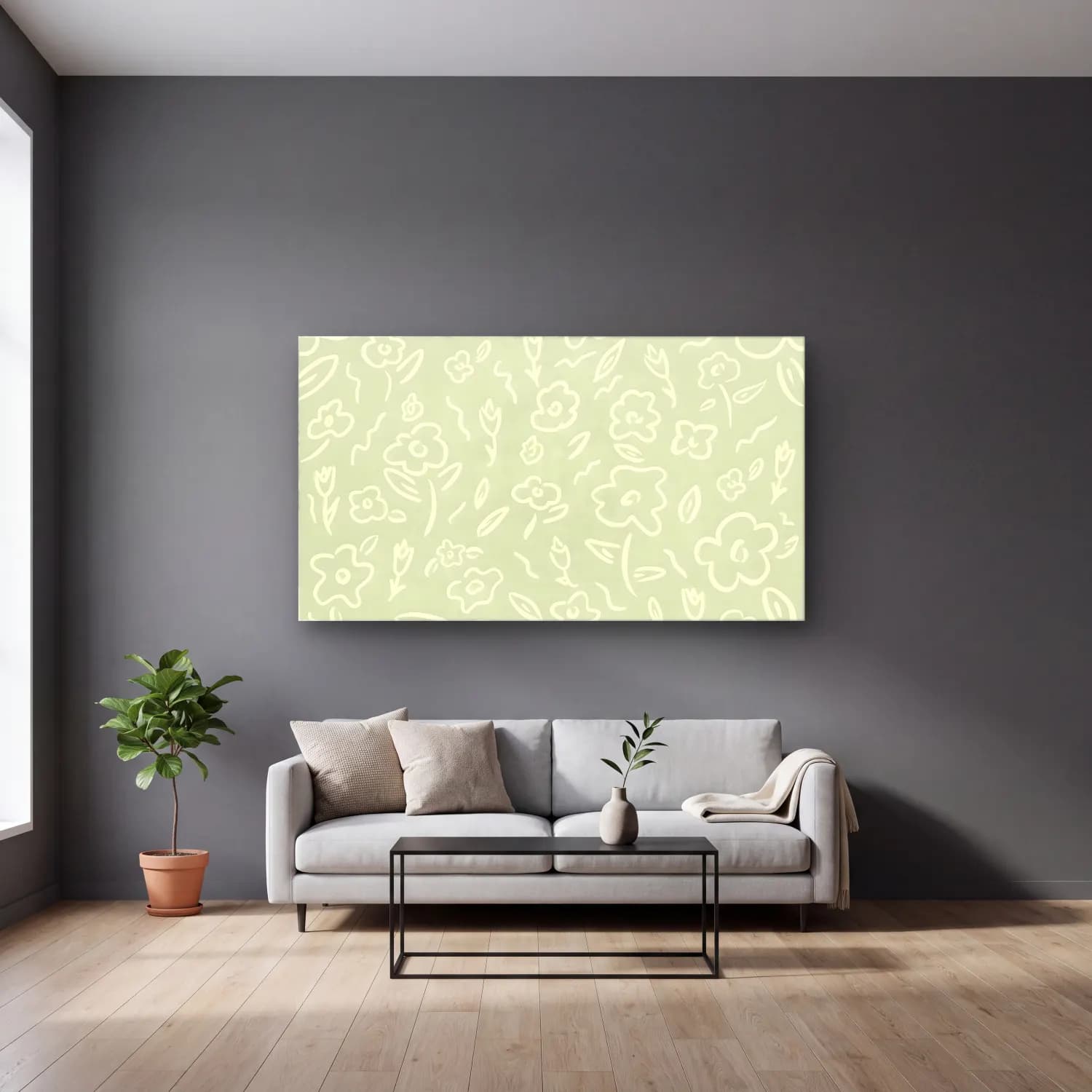 Pastel Çiçek Deseni No. 184 cam tablo — gri duvarlı salonda