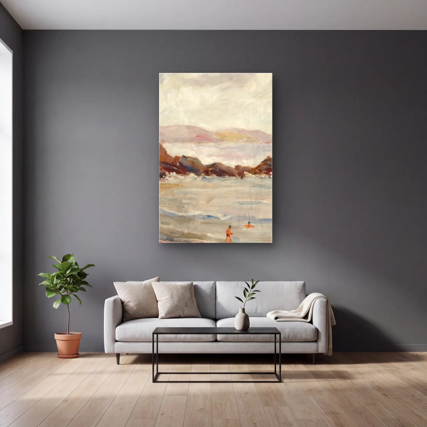 Alfred William Finch – Looen rantaa – Pastel Tonlar cam tablo — gri duvarlı salonda