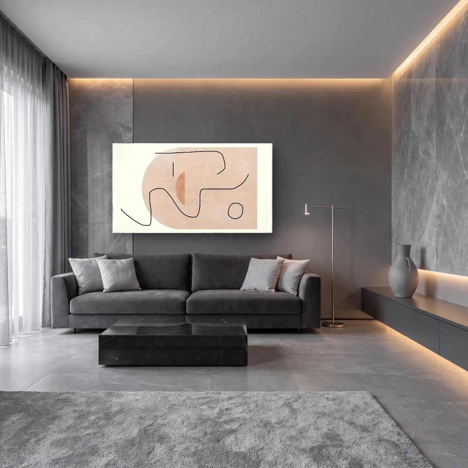 Çizgi Sanatı Soyut Formlar No. 21 cam tablo — lüks salon duvarında