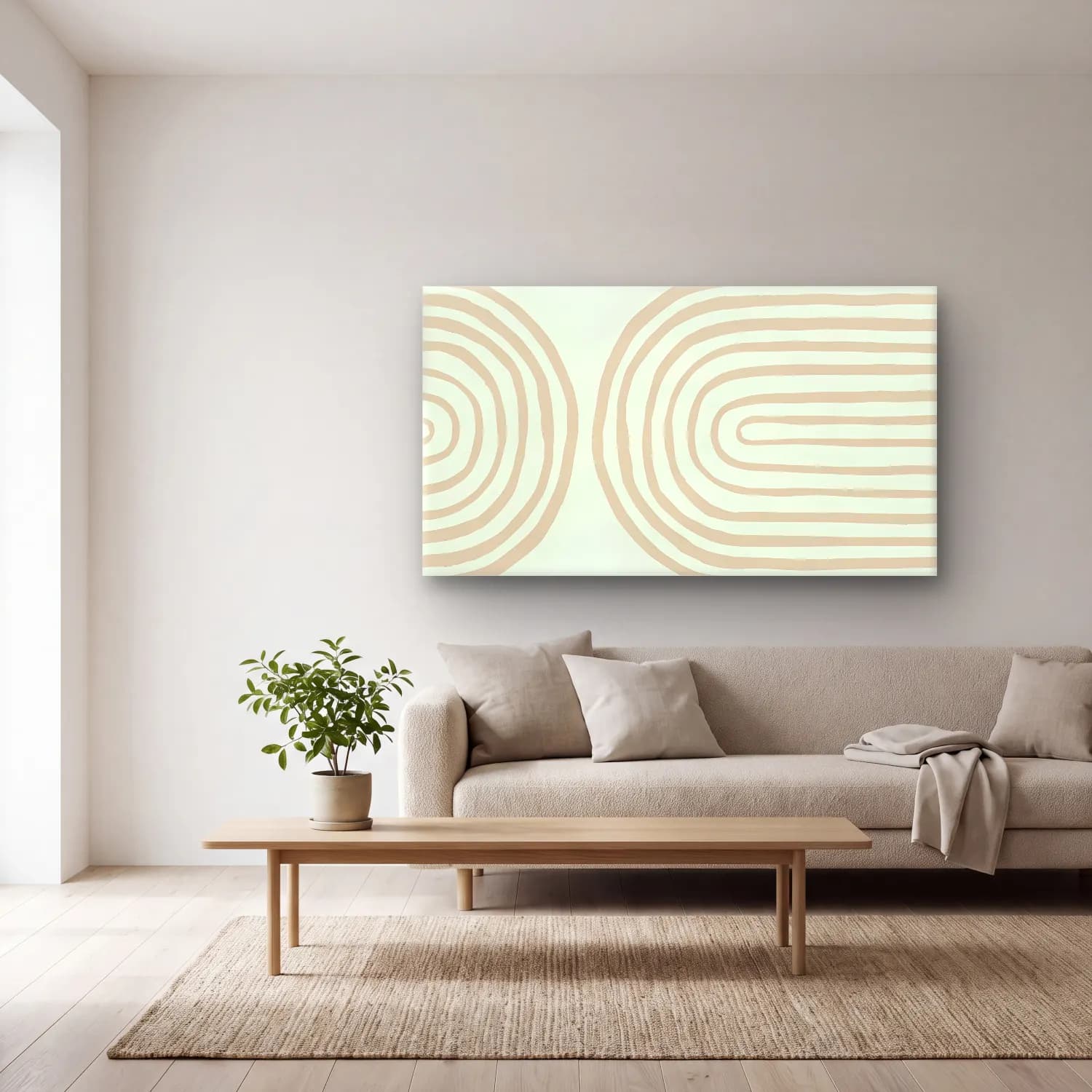 Çizgi Sanatı Geometrik Daireler No. 26 cam tablo — açık renk salonda