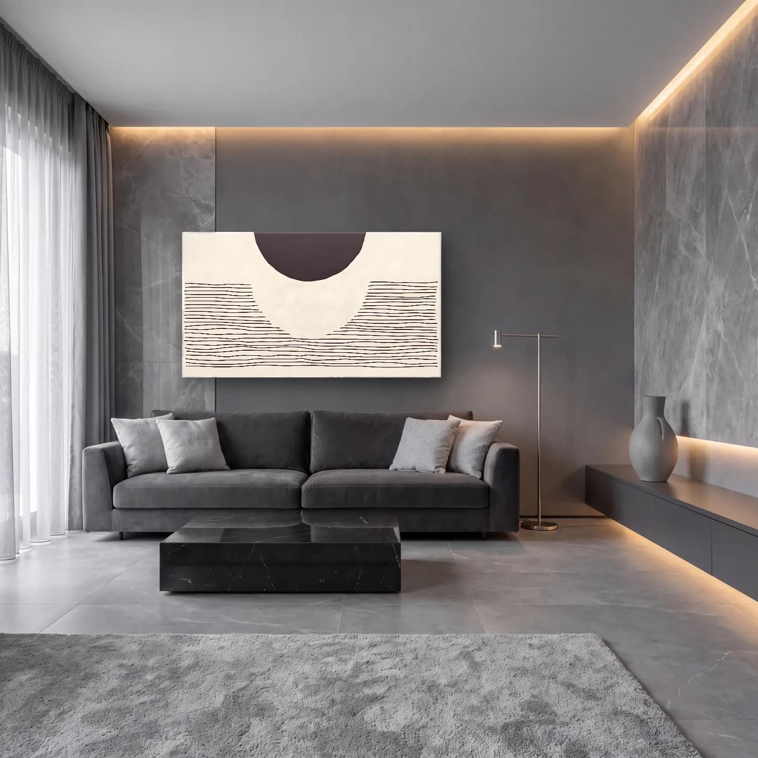 Çizgi Sanatı Geometrik Daireler No. 27 cam tablo — lüks salon duvarında
