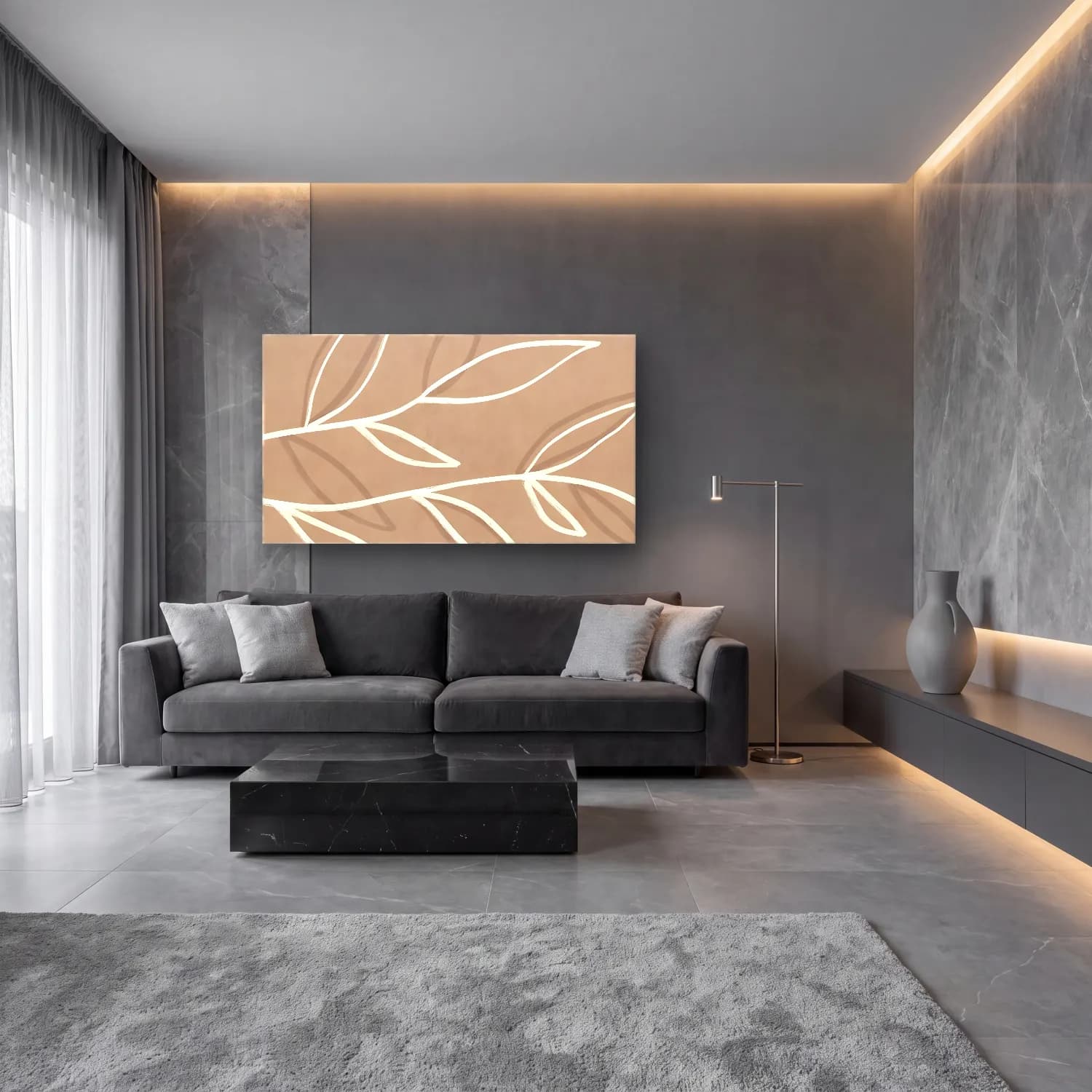 Boho Çiçek Deseni No. 24 cam tablo — lüks salon duvarında
