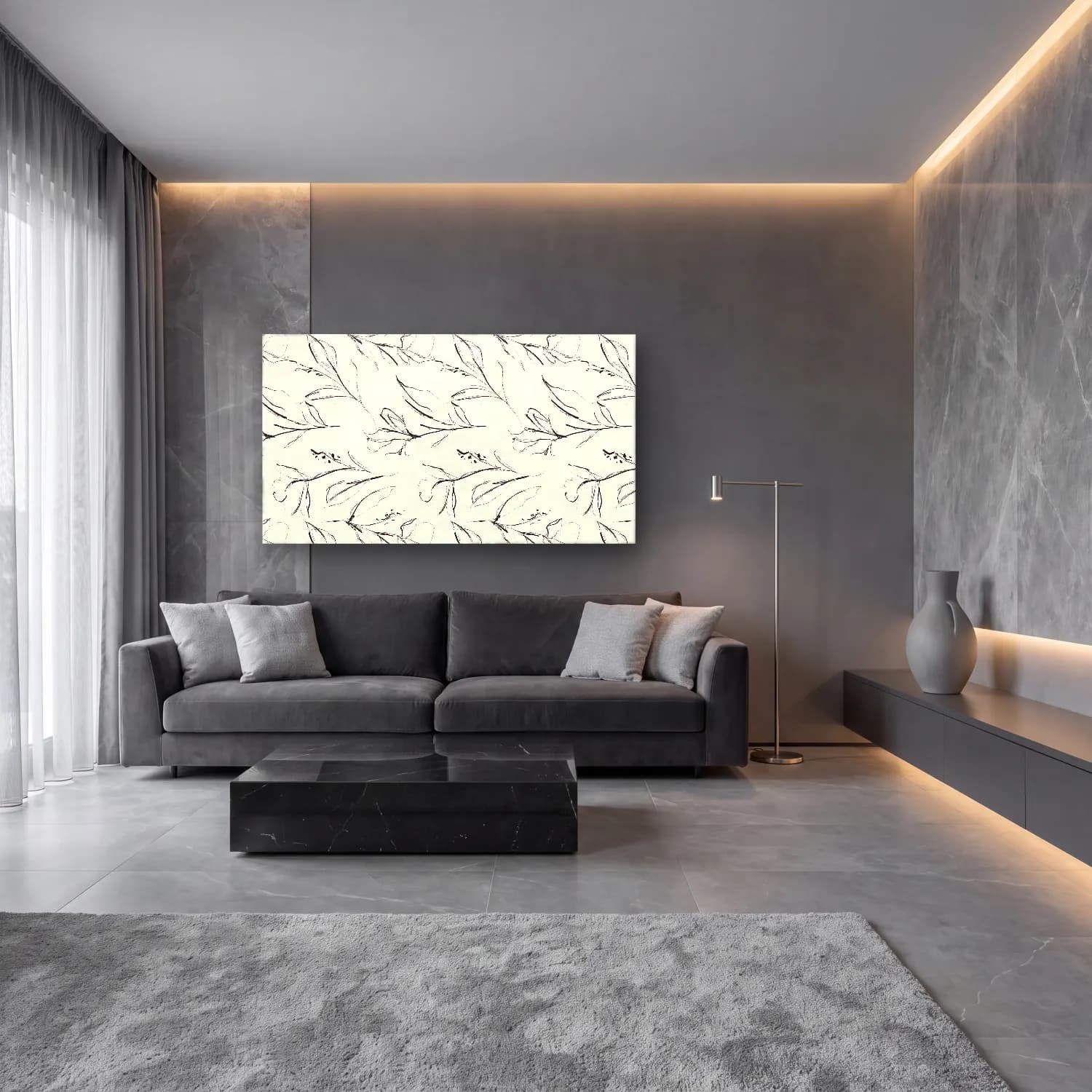 Siyah Beyaz Çiçek Deseni No. 13 cam tablo — lüks salon duvarında
