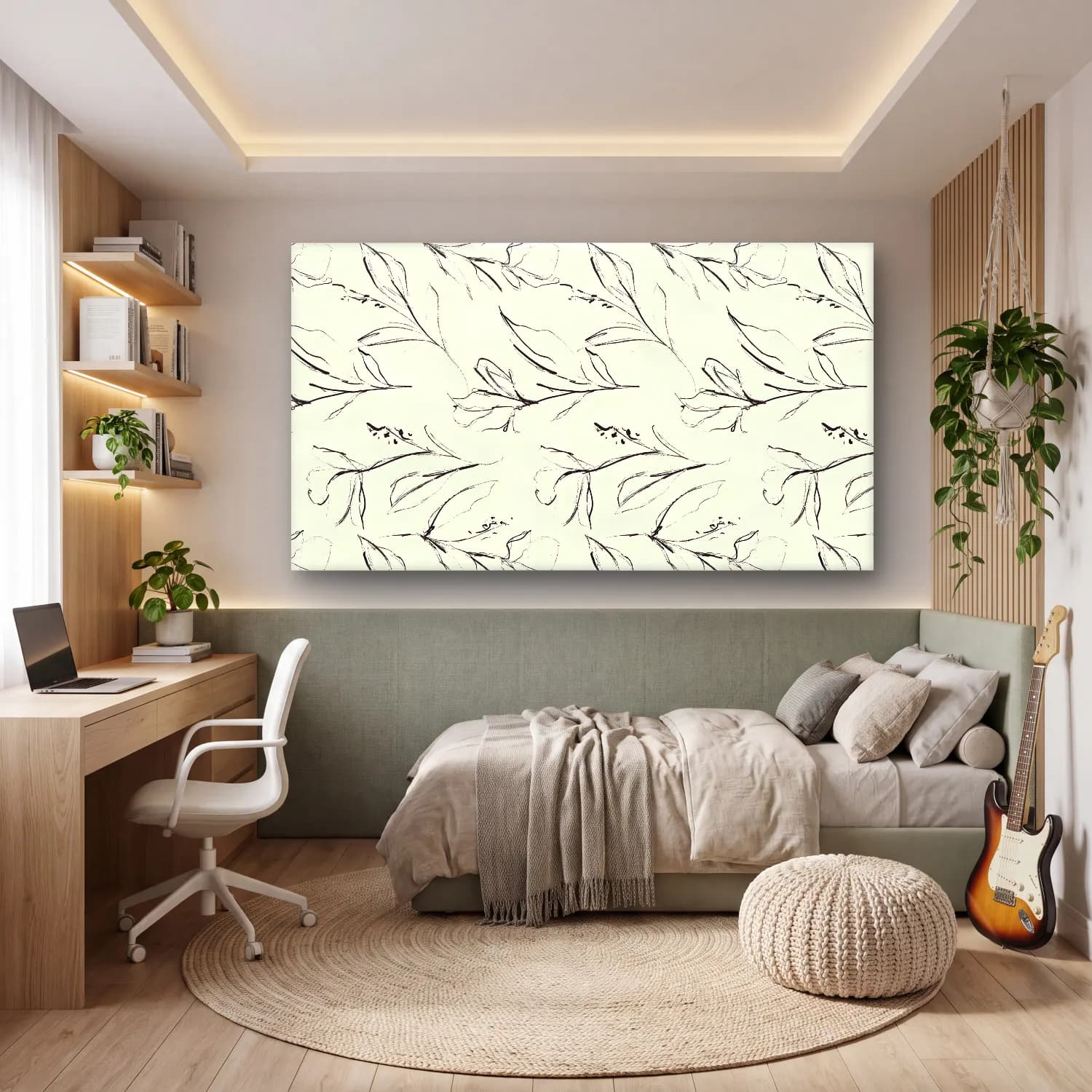 Siyah Beyaz Çiçek Deseni No. 13 cam tablo — genç odasında