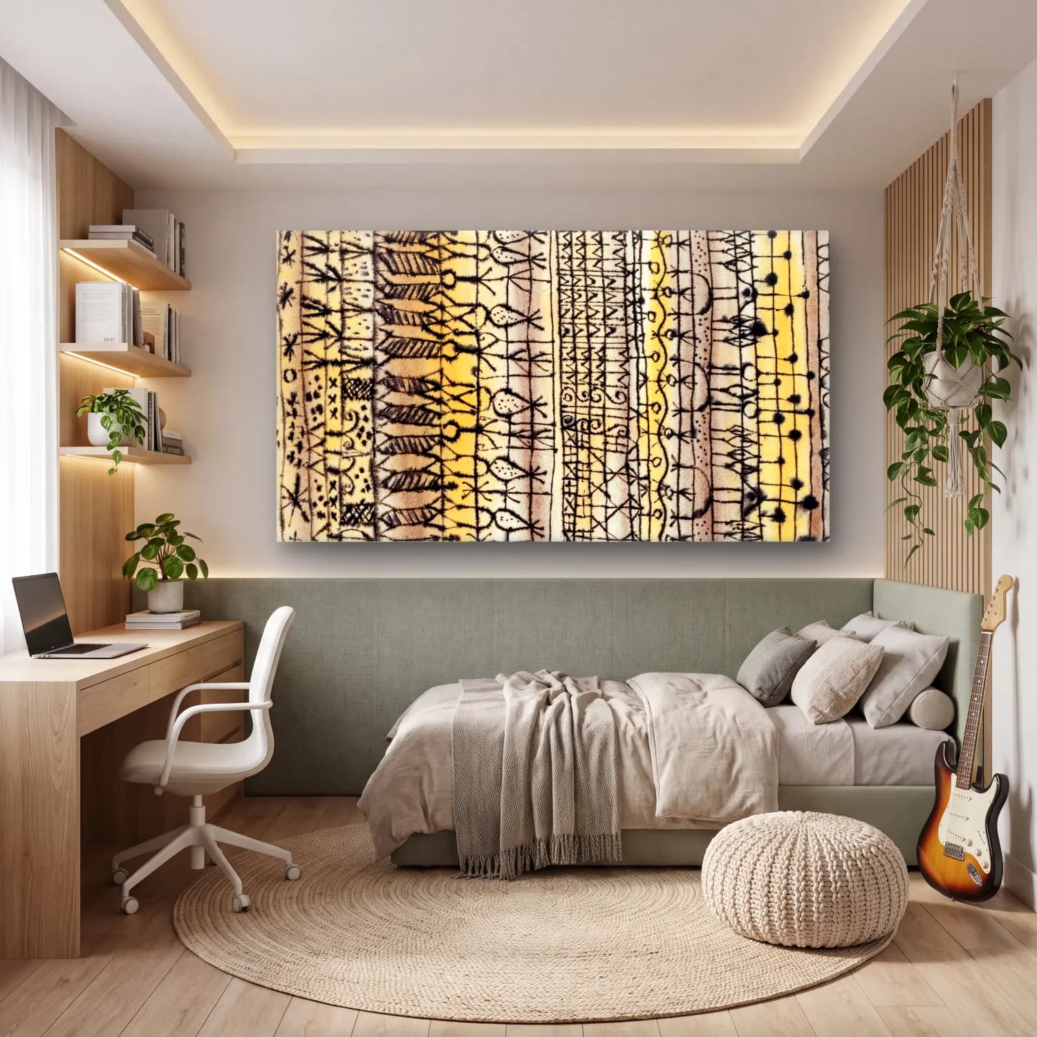 Boho Altın Doku – Sarı Tonlar cam tablo — genç odasında