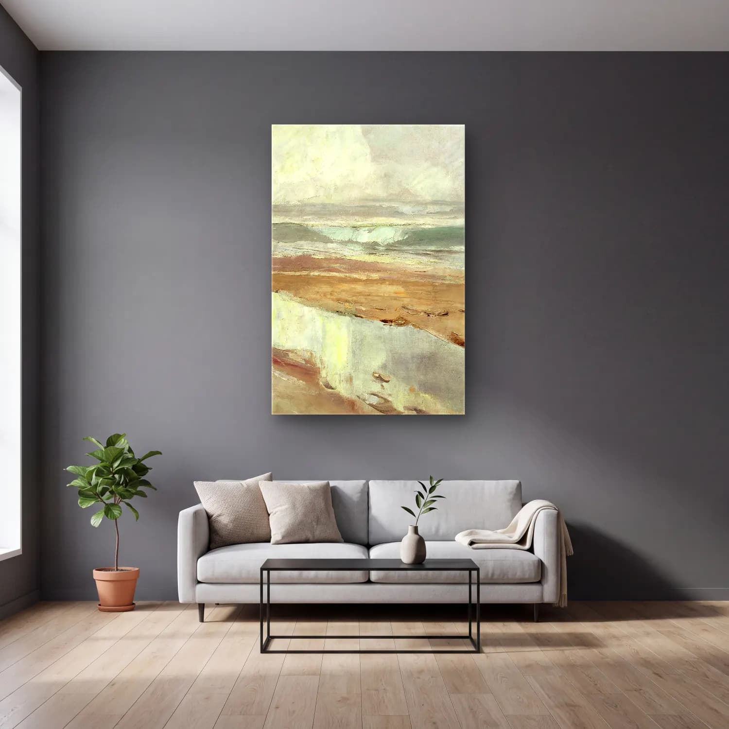 Karl Hagemeister – Strandlandschaft (Swinemünde) cam tablo — gri duvarlı salonda