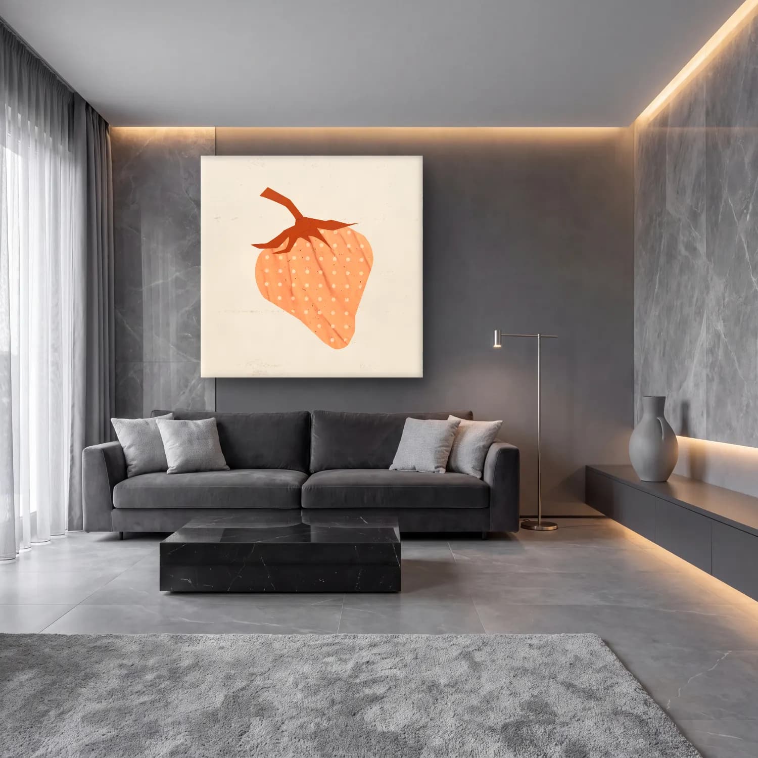Pastel Çilekler No. 10 cam tablo — lüks salon duvarında