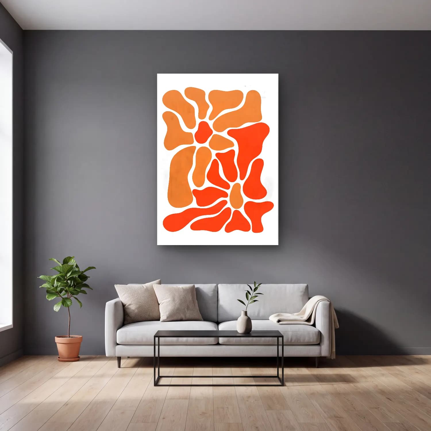 Boho Çiçek Deseni No. 86 cam tablo — gri duvarlı salonda