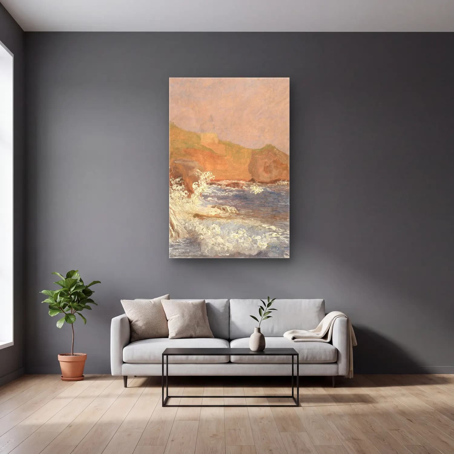 Christen Købke – Rough Sea on a Rocky Coast, Capri cam tablo — gri duvarlı salonda