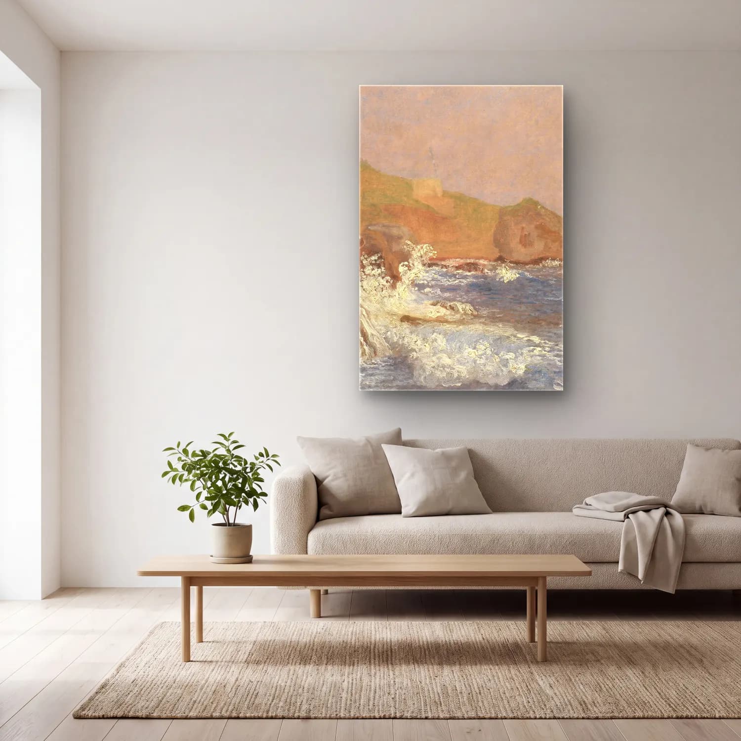 Christen Købke – Rough Sea on a Rocky Coast, Capri cam tablo — açık renk salonda