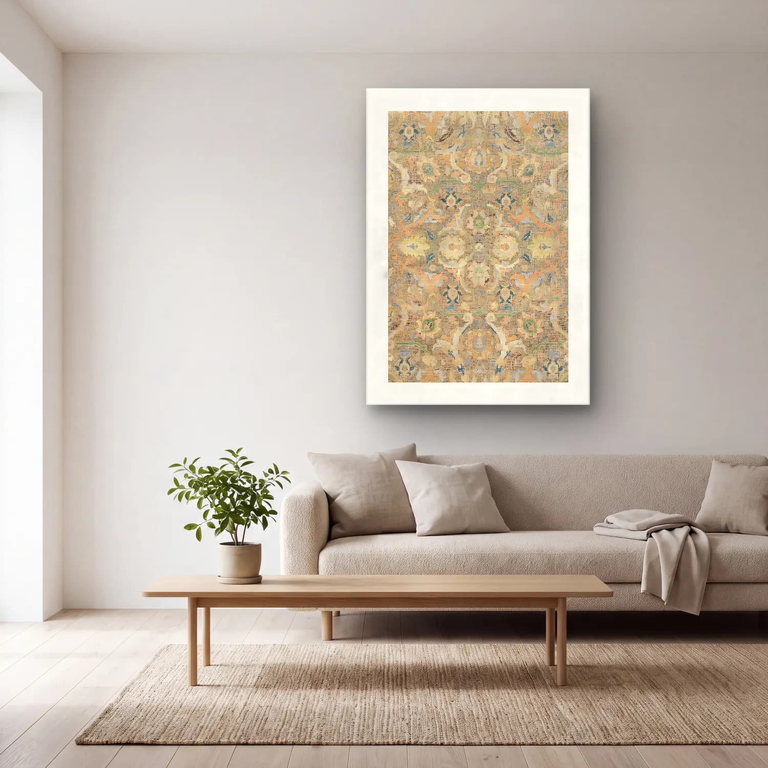 Boho Çiçek Deseni No. 115 cam tablo — açık renk salonda