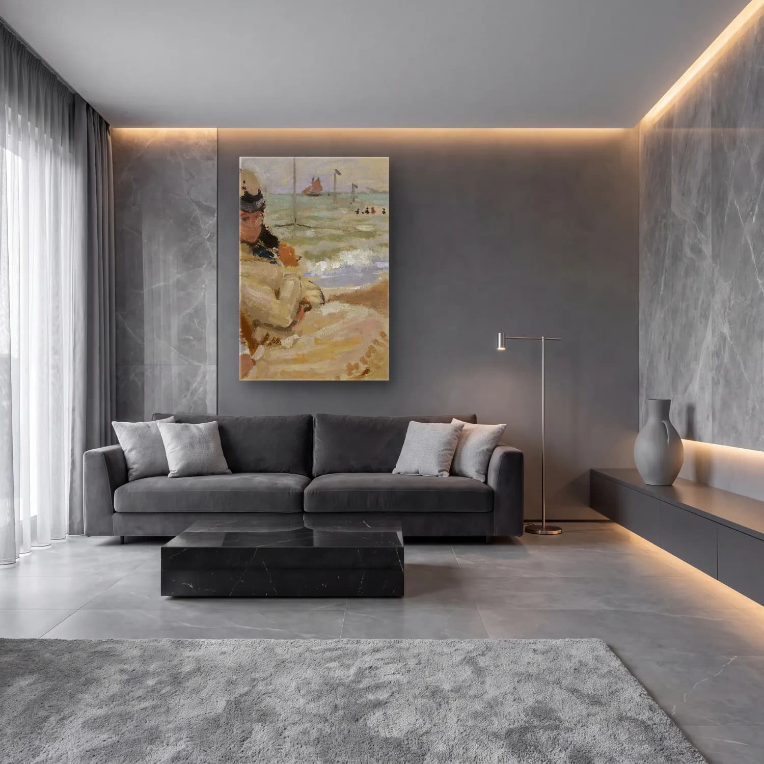 Claude Monet – Camille on the Beach in Trouville cam tablo — lüks salon duvarında
