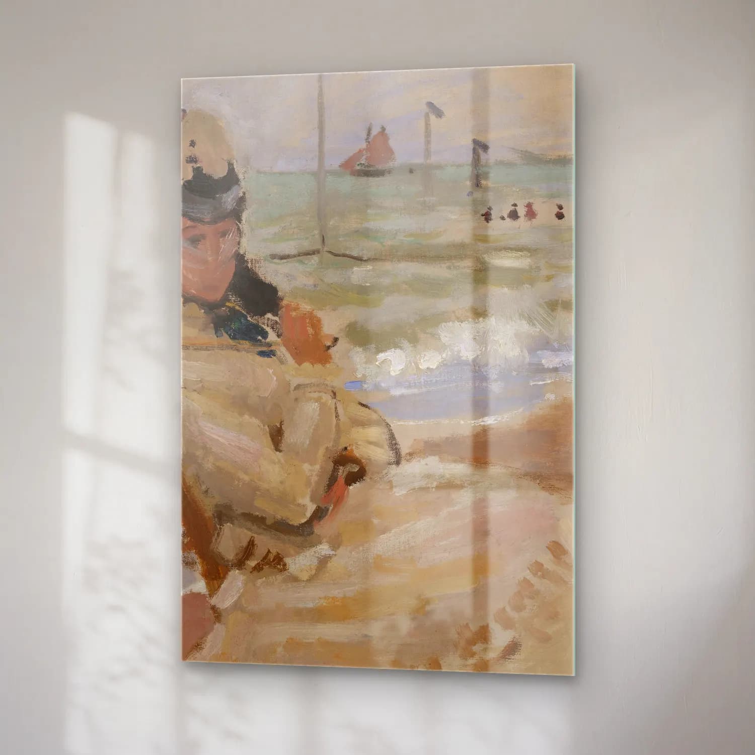 Claude Monet – Camille on the Beach in Trouville cam tablo — sağ açıdan görünüm
