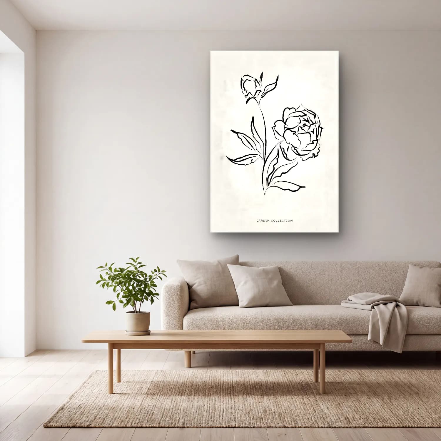Çizgi Sanatı Çiçek Deseni – Siyah Beyaz Tonlar cam tablo — açık renk salonda