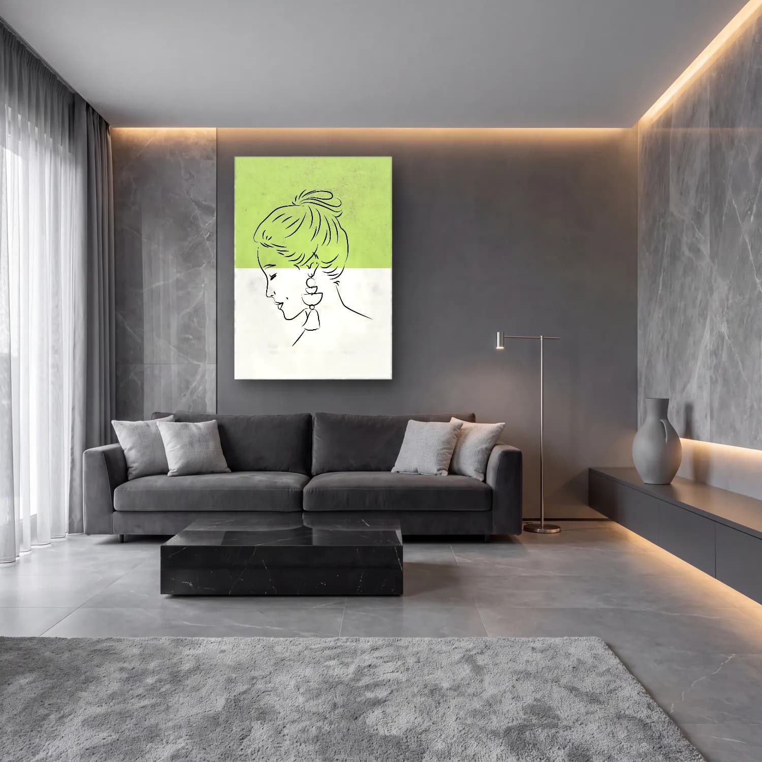 Çizgi Sanatı Çizgi Yüz – Yeşil Tonlar cam tablo — lüks salon duvarında