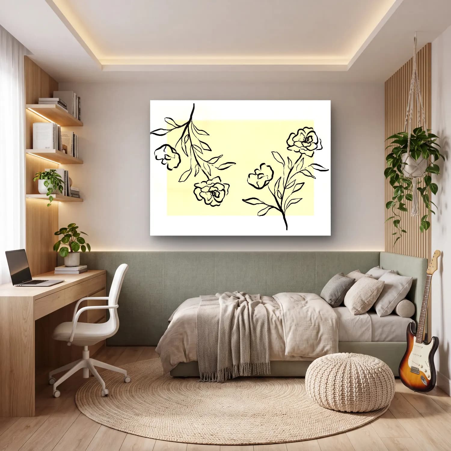 Çizgi Sanatı Çiçek Deseni No. 10 cam tablo — genç odasında