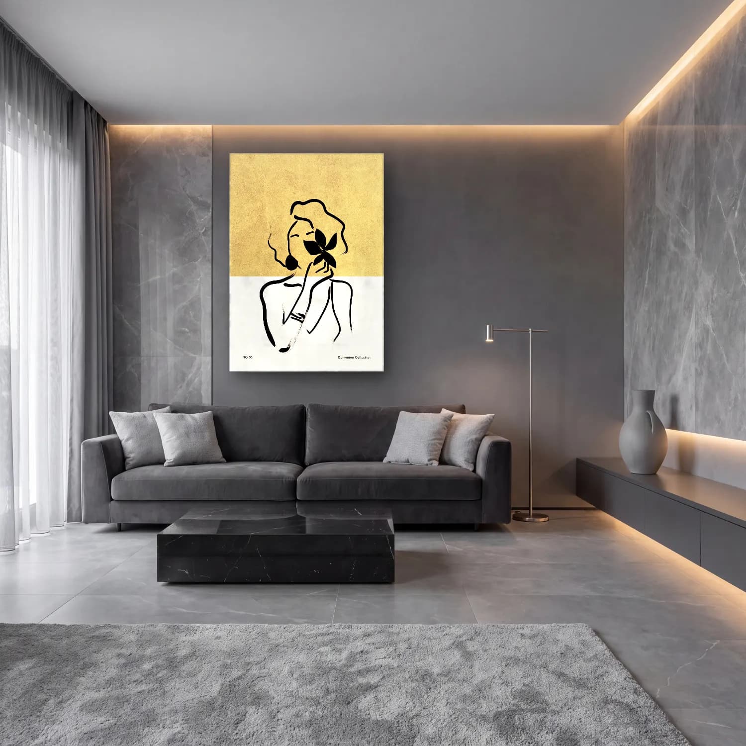 Çizgi Sanatı Kadın Silueti No. 4 cam tablo — lüks salon duvarında
