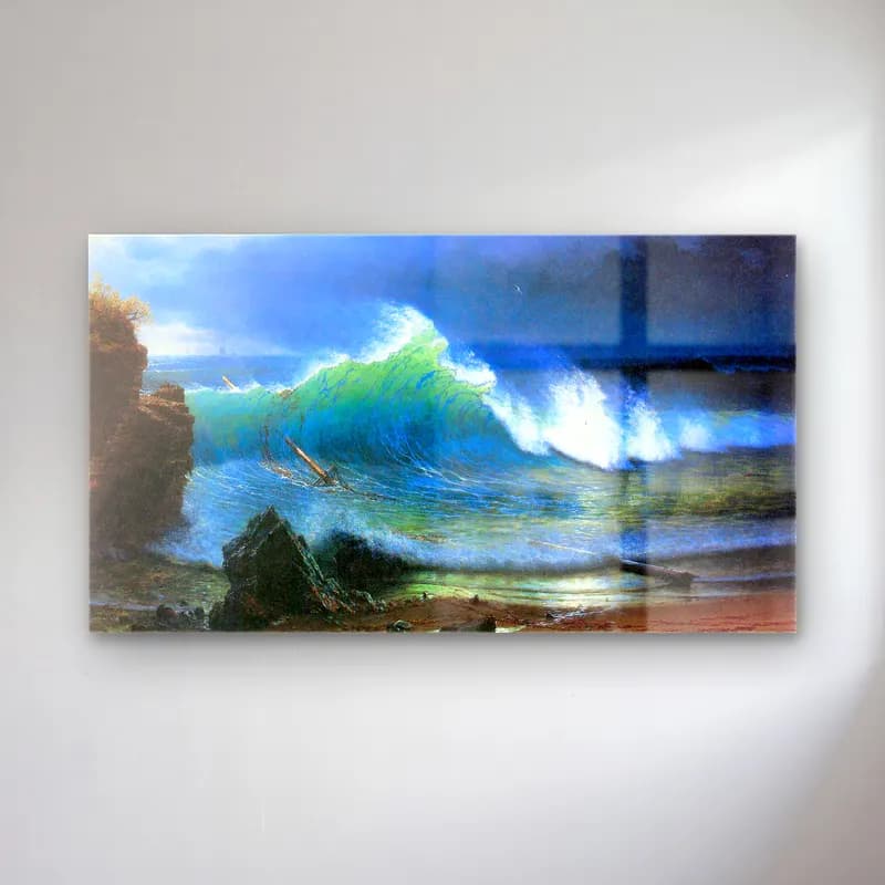 Albert Bierstadt – The coast of the Turquoise sea cam tablo — Albert Bierstadt – The coast of the Turquoise sea — yağlı boya fırtınalı denizde gemi