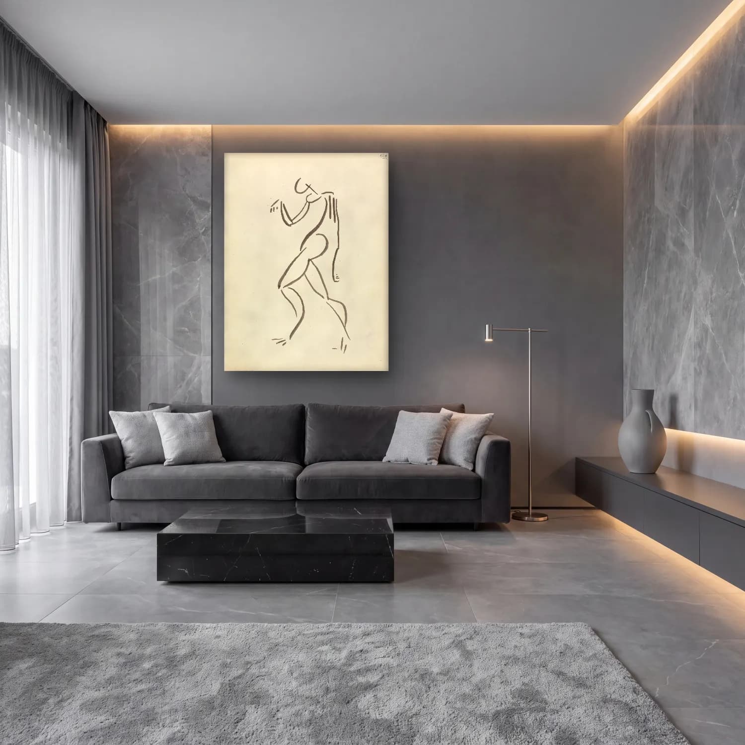 Çizgi Sanatı Figür Çalışması No. 18 cam tablo — lüks salon duvarında