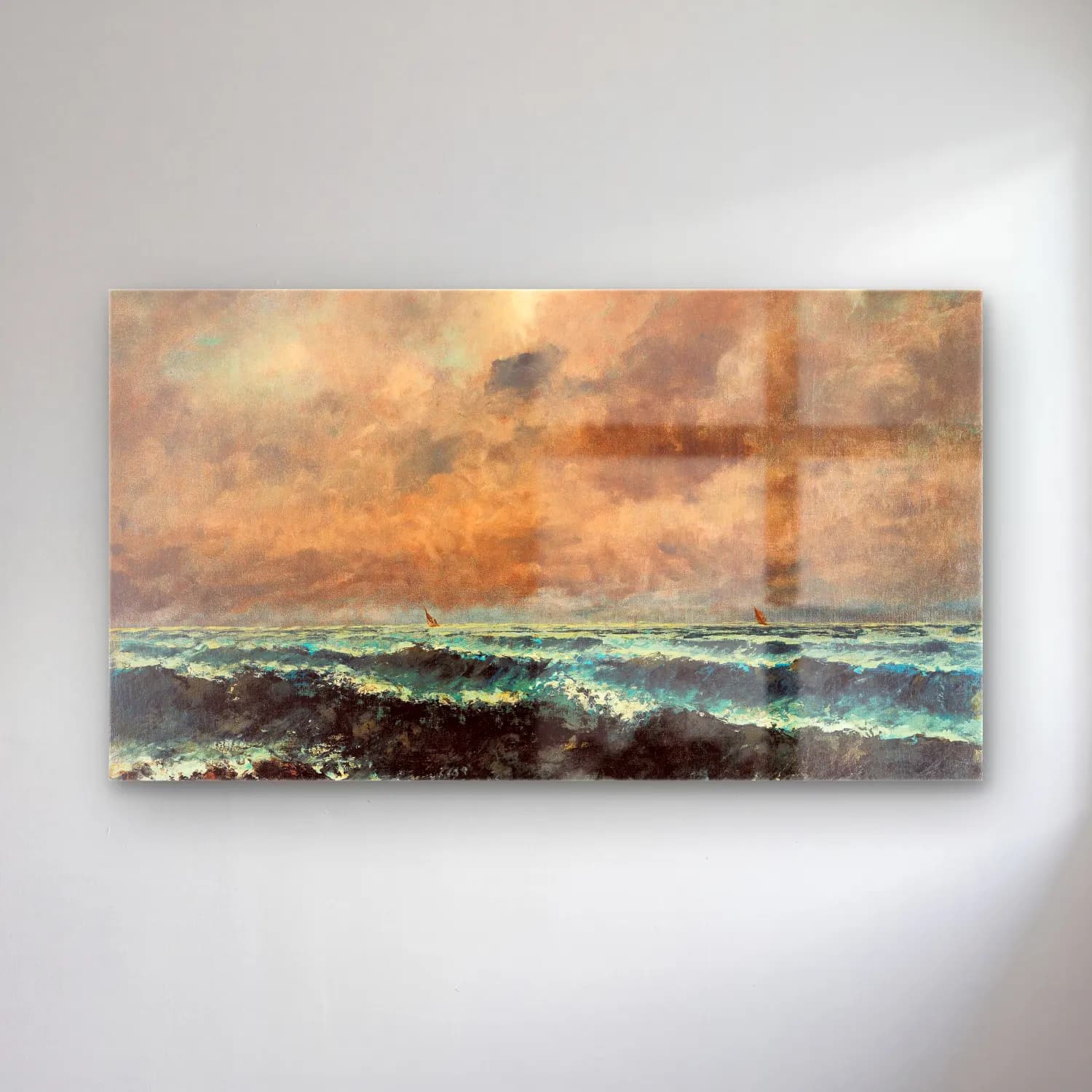 Gustave Courbet – Autumn Sea cam tablo — Gustave Courbet – Autumn Sea — yağlı boya fırtınalı denizde gemi