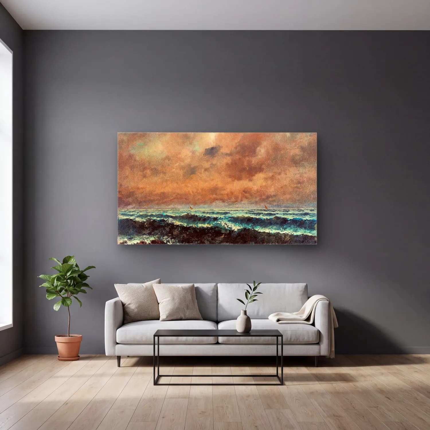 Gustave Courbet – Autumn Sea cam tablo — gri duvarlı salonda