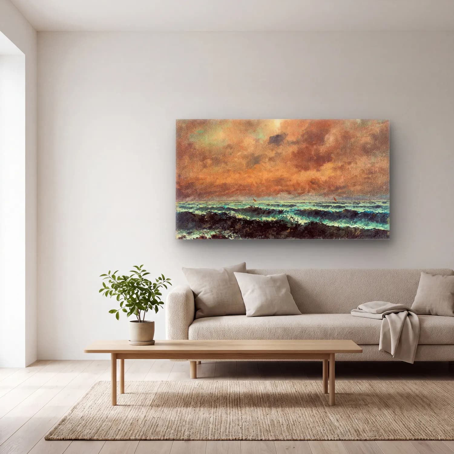 Gustave Courbet – Autumn Sea cam tablo — açık renk salonda