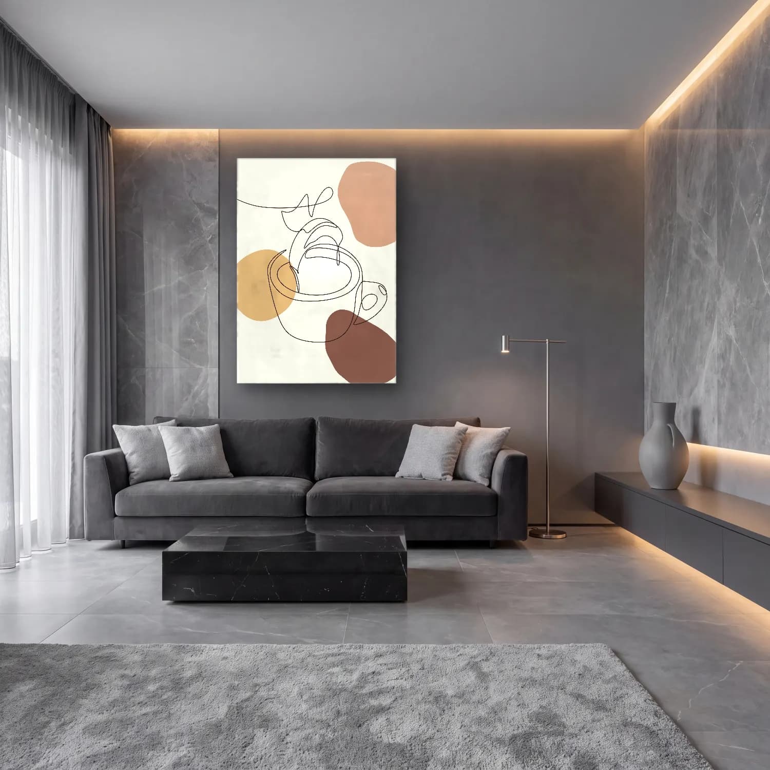 Çizgi Sanatı Çay Fincanı – Bej Tonlar cam tablo — lüks salon duvarında