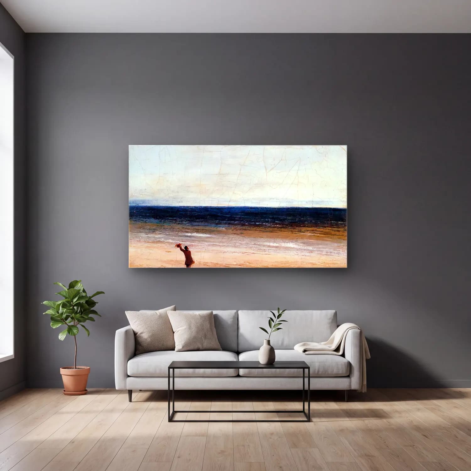Gustave Courbet – The Sea at Palavas cam tablo — gri duvarlı salonda