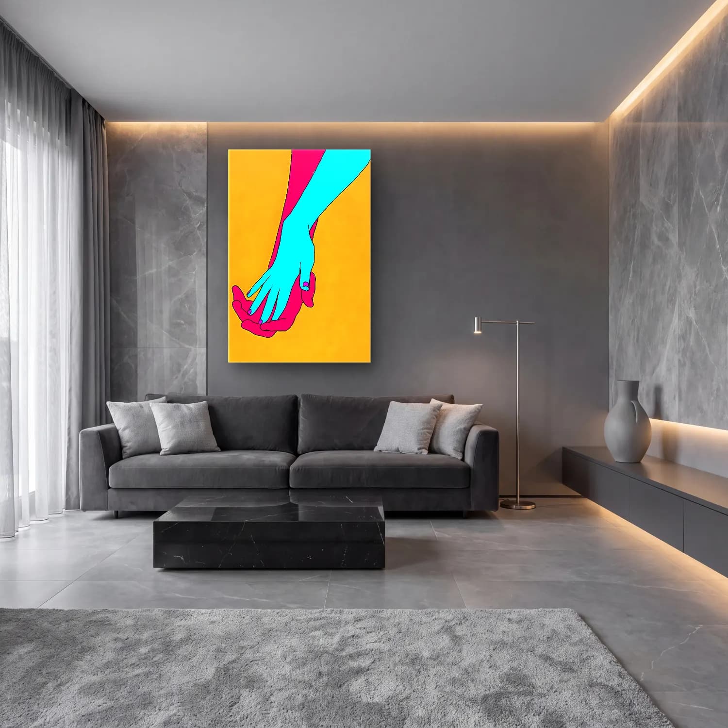 Pop Art Eller – Turkuaz Tonlar cam tablo — lüks salon duvarında