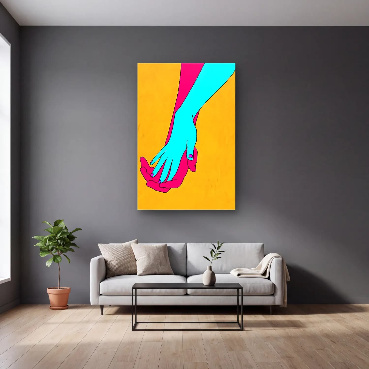Pop Art Eller – Turkuaz Tonlar cam tablo — gri duvarlı salonda
