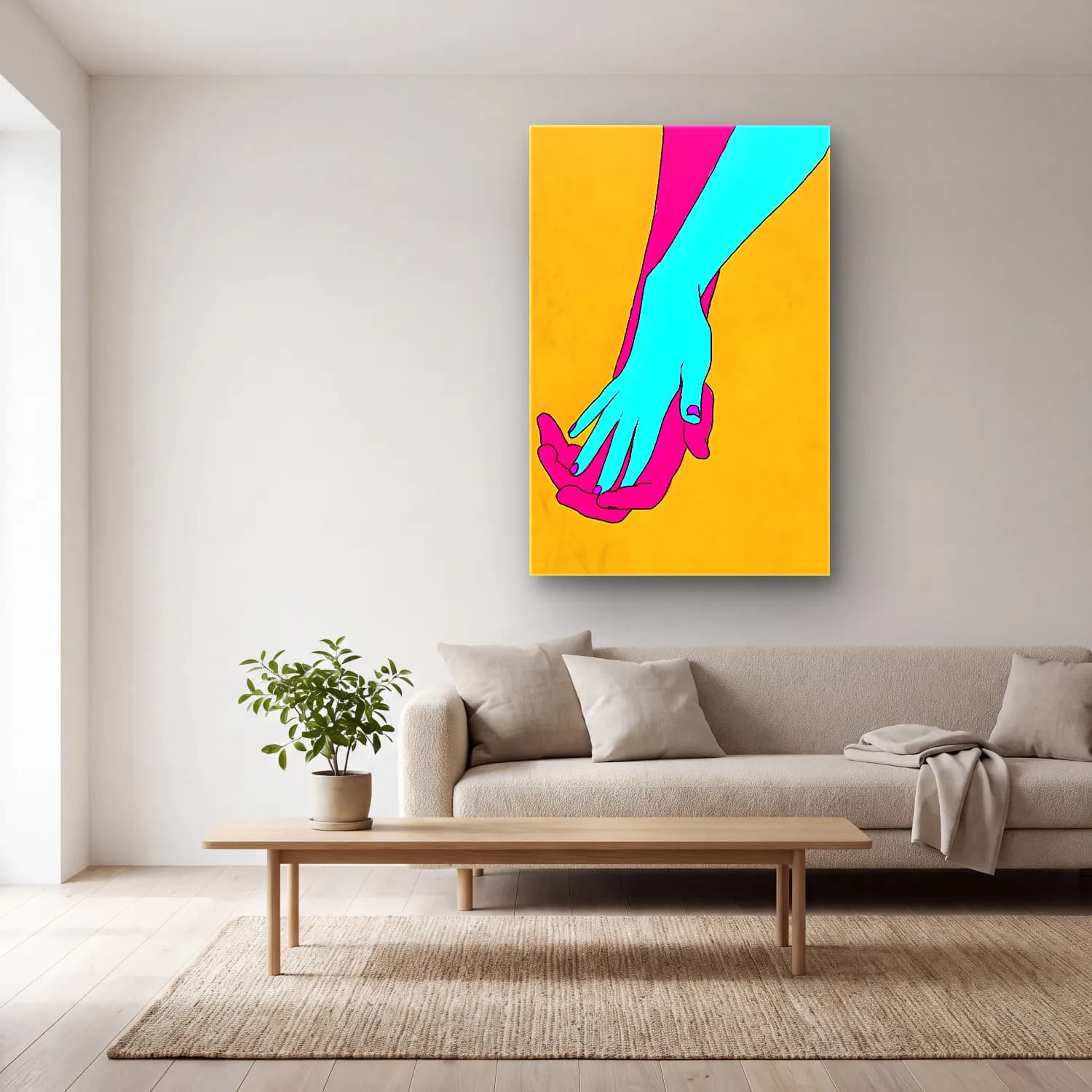 Pop Art Eller – Turkuaz Tonlar cam tablo — açık renk salonda