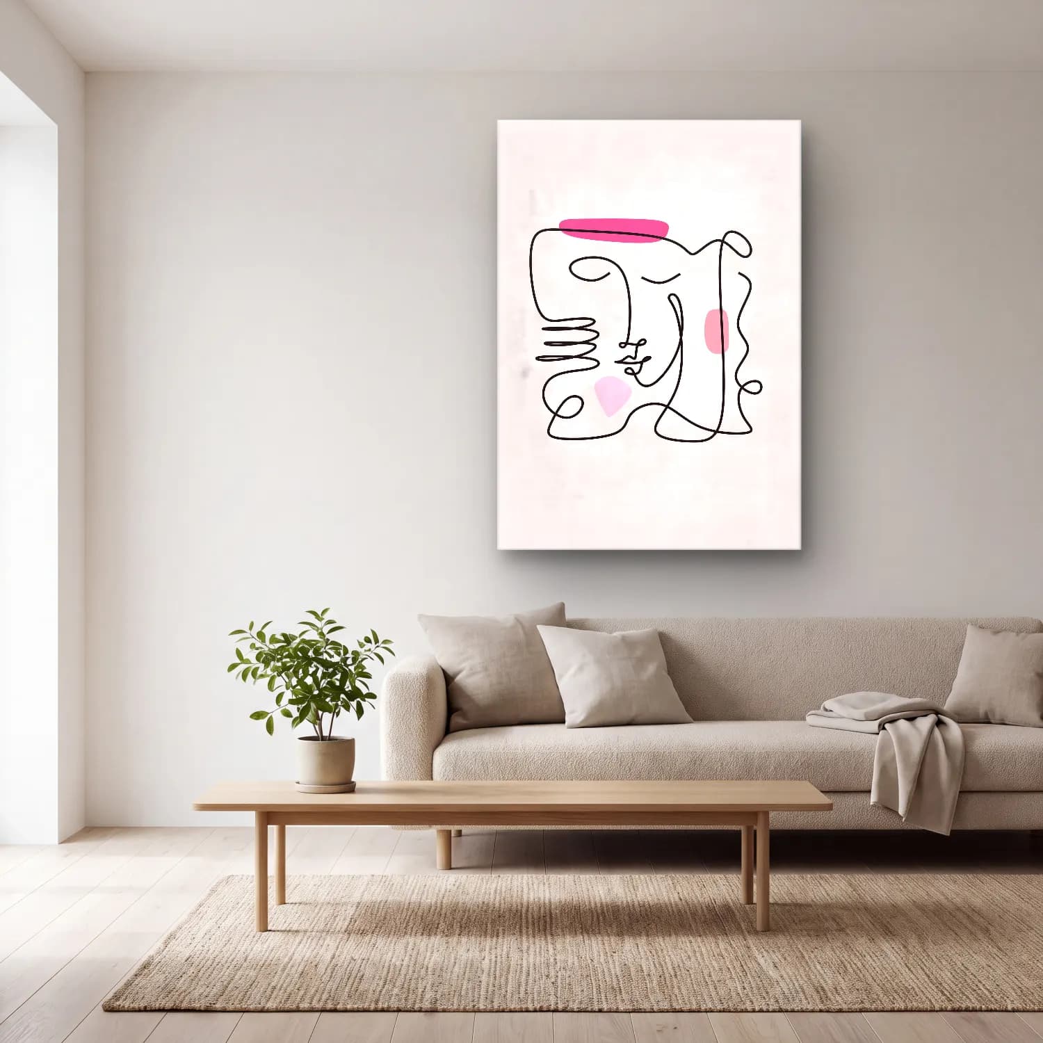 RETRO - TRENDY – Soyut Yüz – Pembe Tonlar cam tablo — açık renk salonda