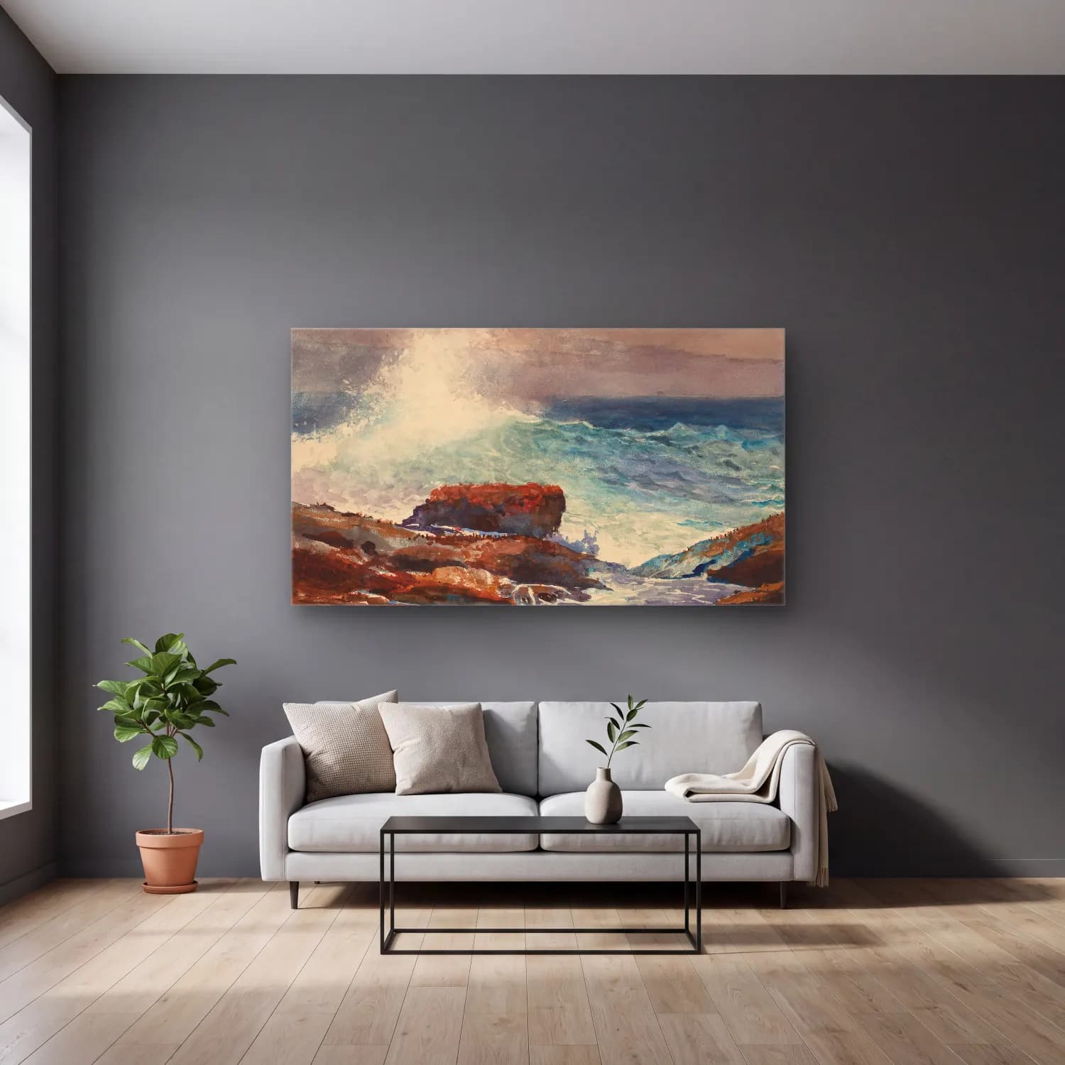 Winslow Homer – Incoming Tide, Scarboro, Maine cam tablo — gri duvarlı salonda