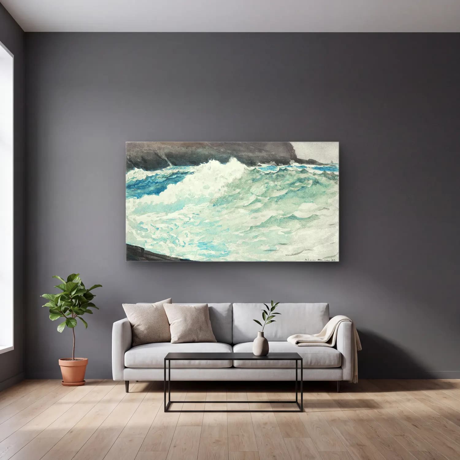 Winslow Homer – Surf, Prout s NECK cam tablo — gri duvarlı salonda