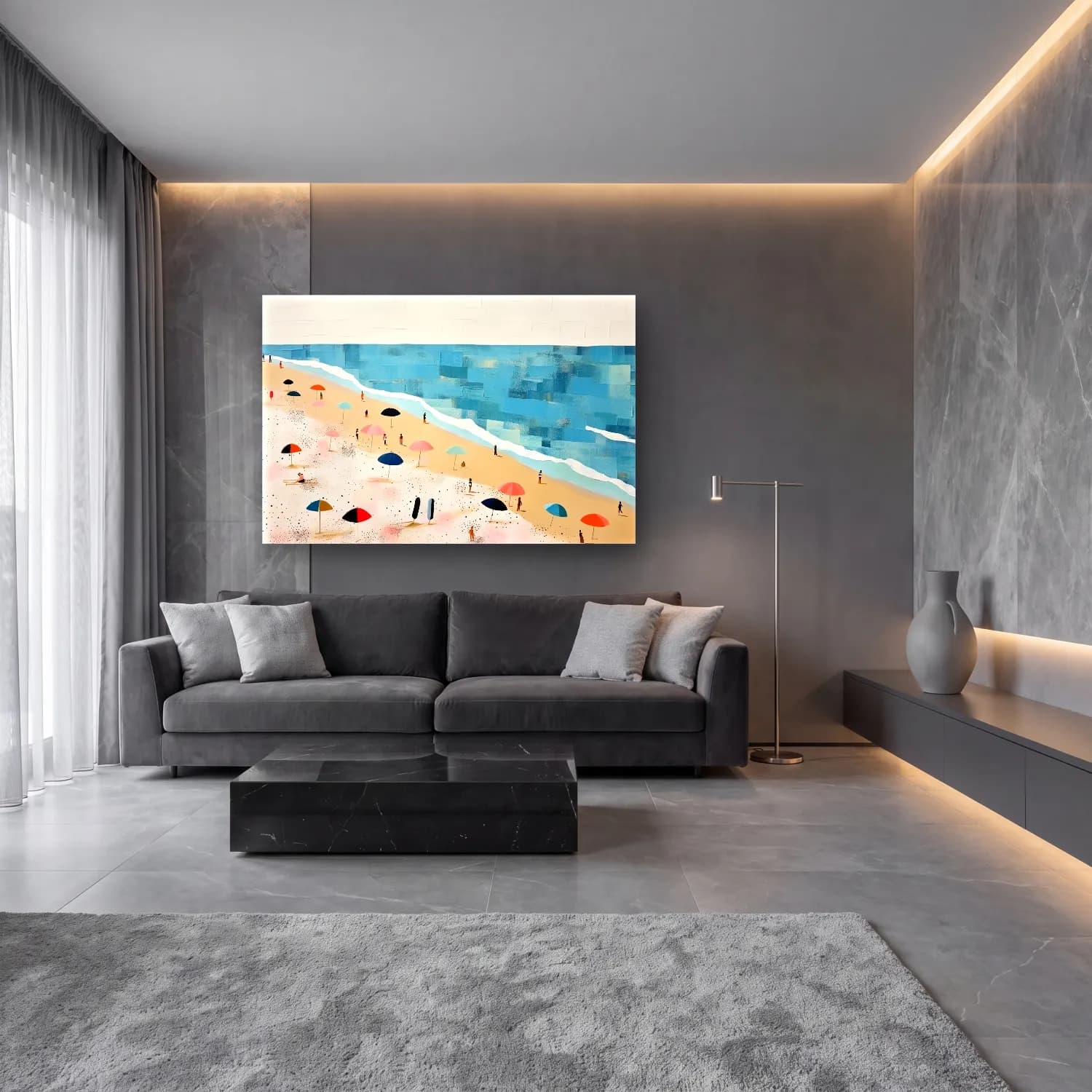 Modern Soyut Plaj Şemsiyeleri cam tablo — lüks salon duvarında
