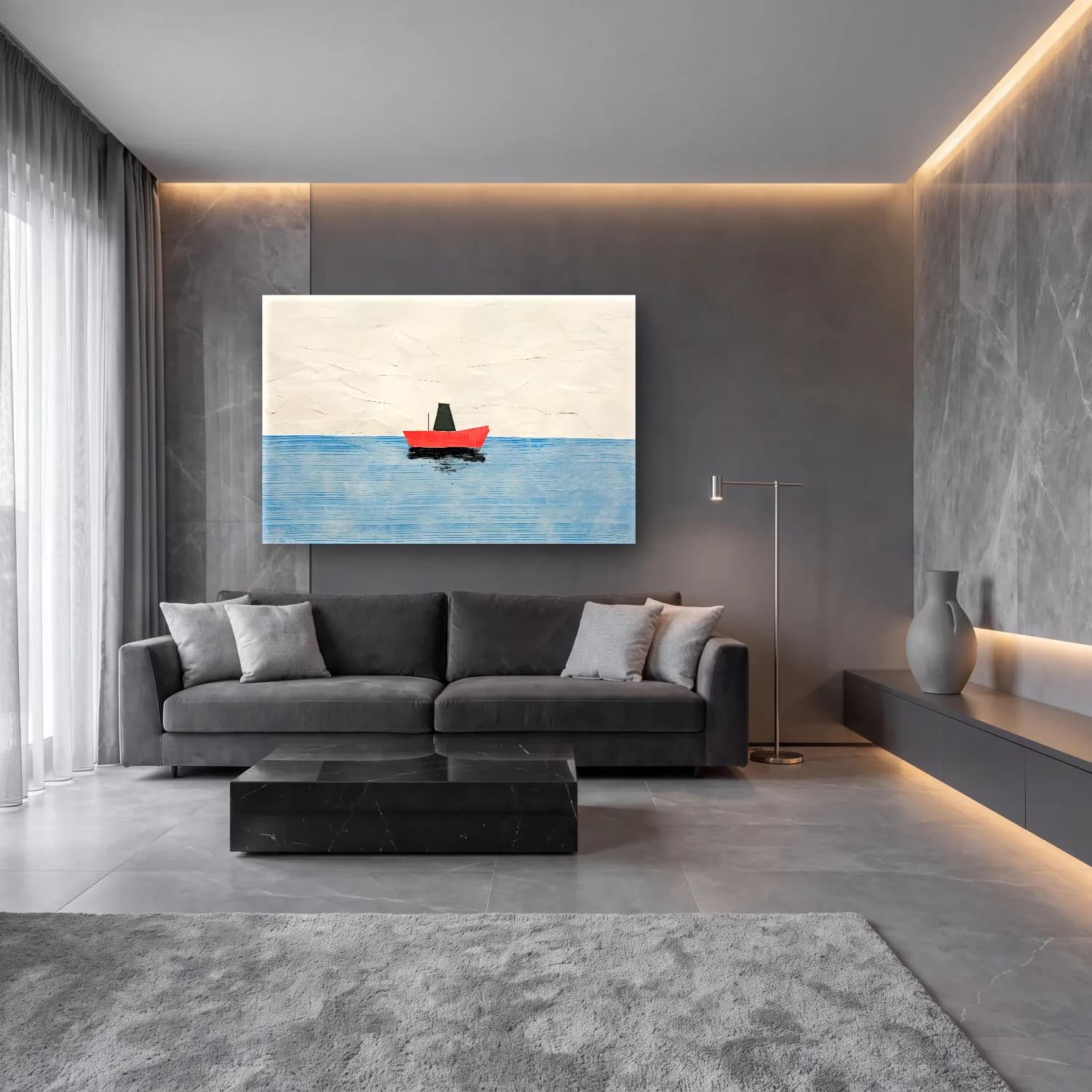 Modern Soyut Yelken Yarışı cam tablo — lüks salon duvarında