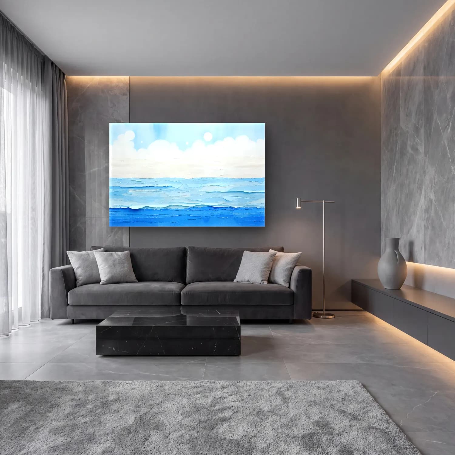 Modern Soyut Sakin Deniz Ufku cam tablo — lüks salon duvarında