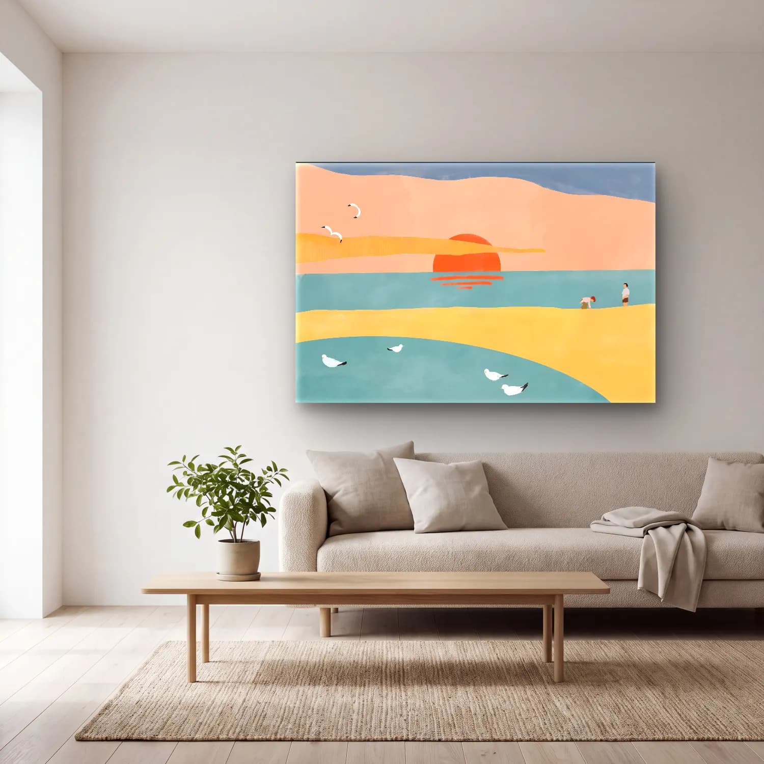 Pastel Sahilde İnsanlar – Turuncu Tonlar cam tablo — açık renk salonda