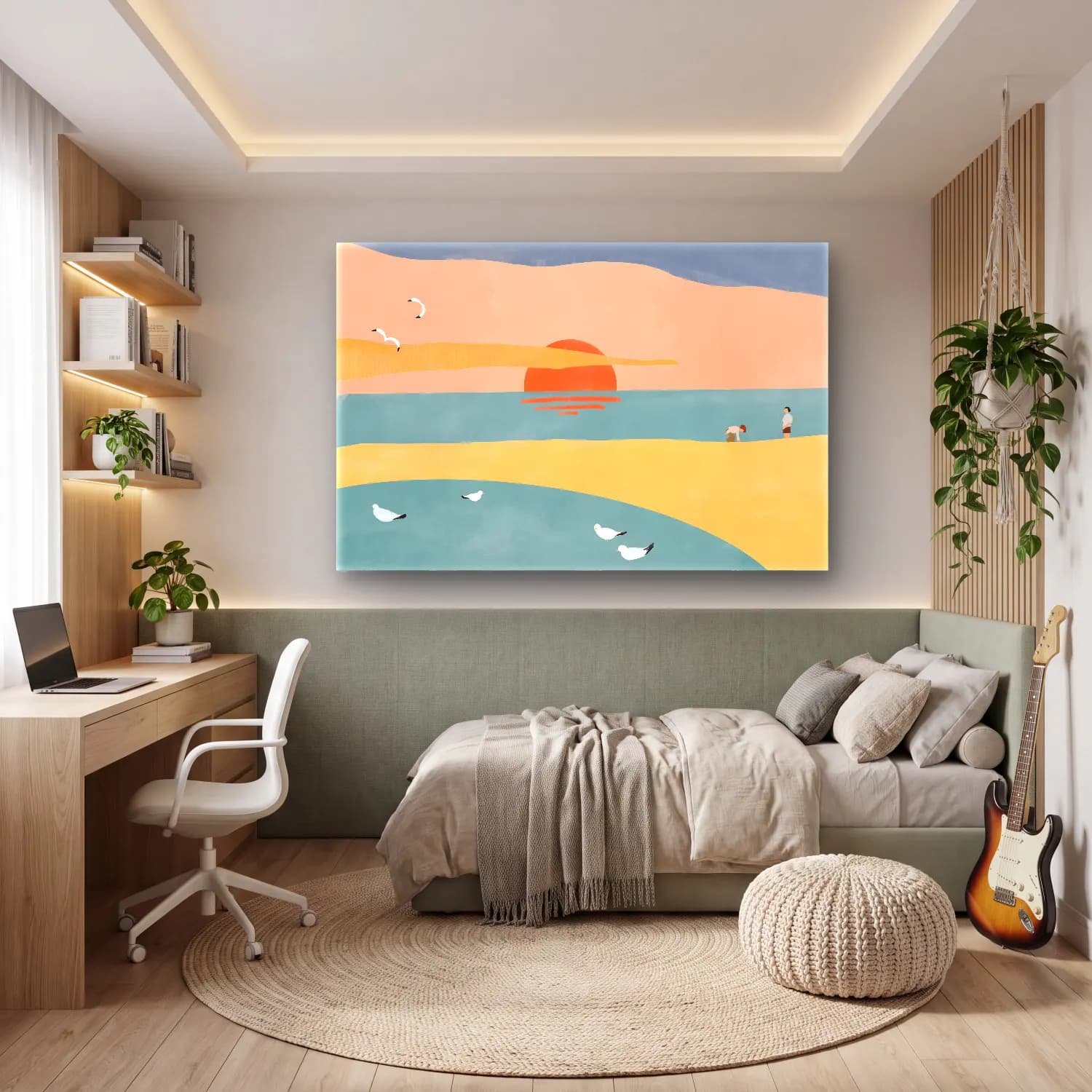 Pastel Sahilde İnsanlar – Turuncu Tonlar cam tablo — genç odasında