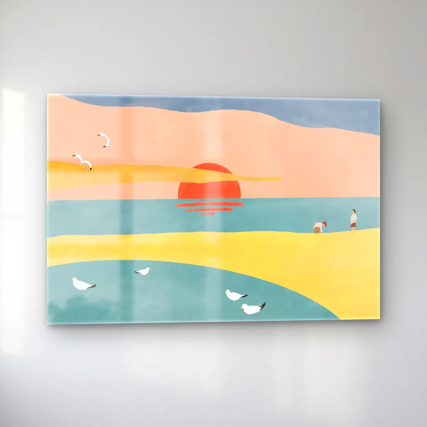 Pastel Sahilde İnsanlar – Turuncu Tonlar cam tablo — sol açıdan görünüm