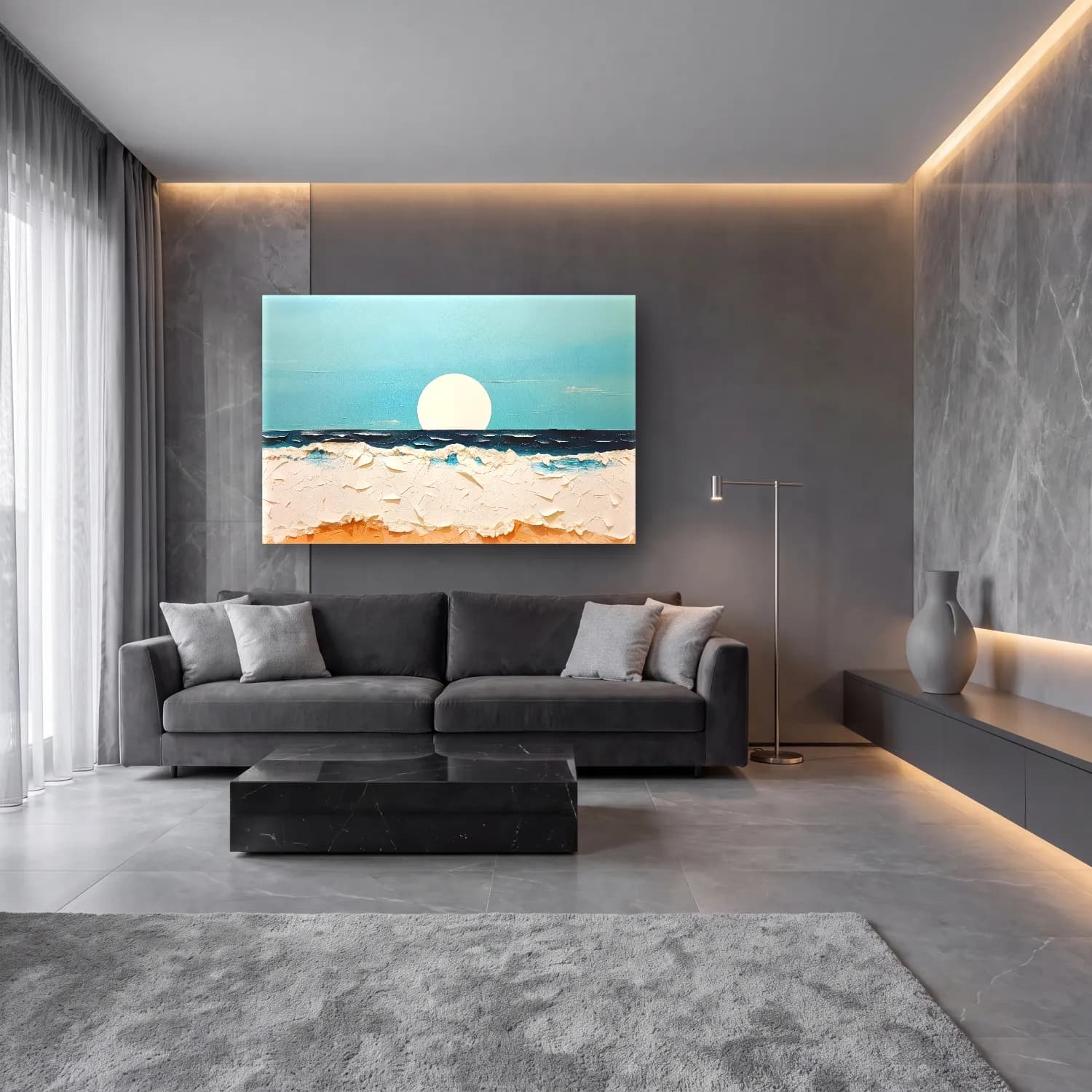 Modern Soyut Dalgalı Sahil cam tablo — lüks salon duvarında