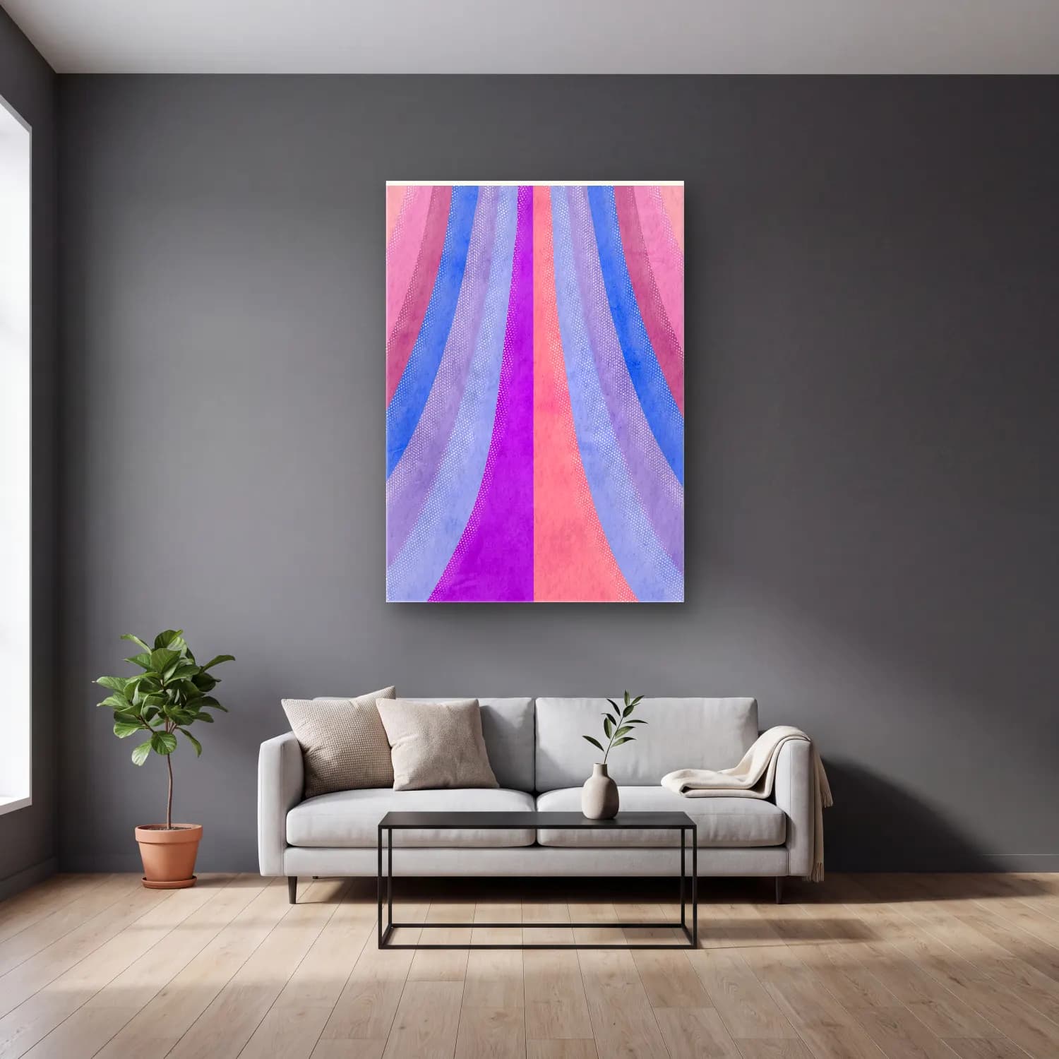 Pastel Renk Alanları No. 37 cam tablo — gri duvarlı salonda