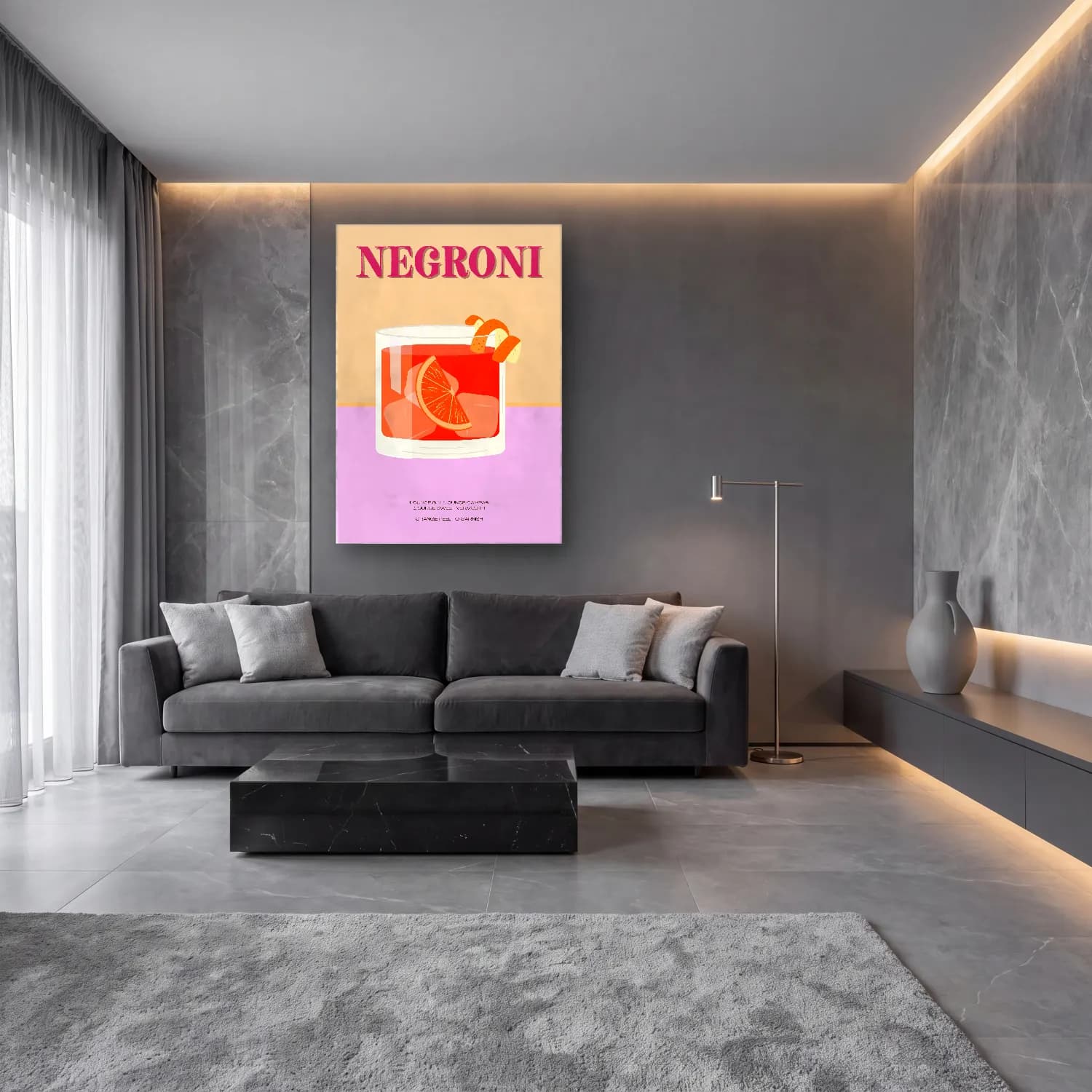 Retro Kokteyl No. 11 cam tablo — lüks salon duvarında