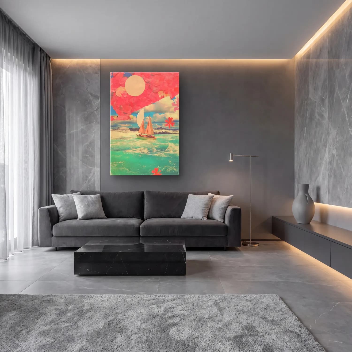 Pastel Yelkenliler cam tablo — lüks salon duvarında