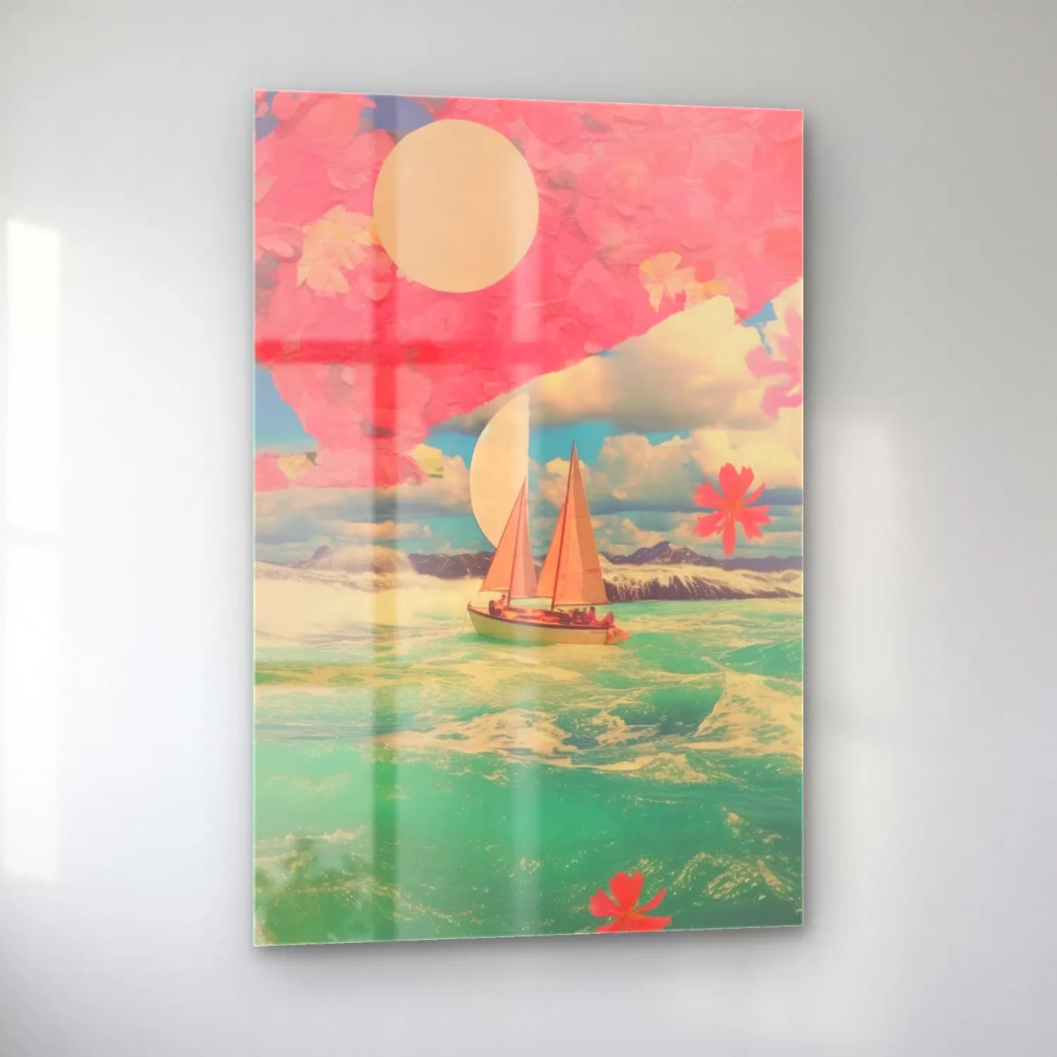 Pastel Yelkenliler cam tablo — sol açıdan görünüm
