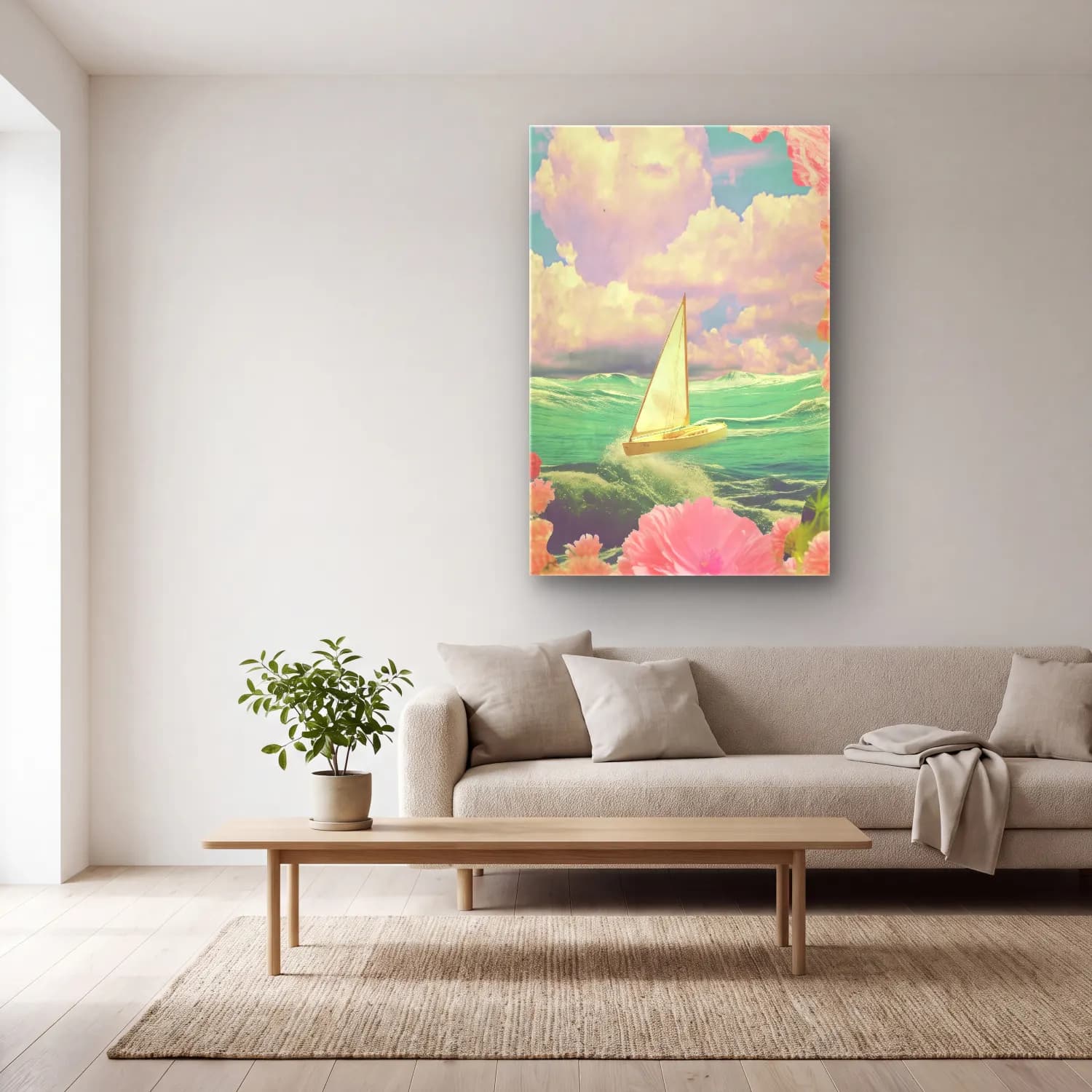 Pastel Yelken Yarışı – Pembe Tonlar cam tablo — açık renk salonda